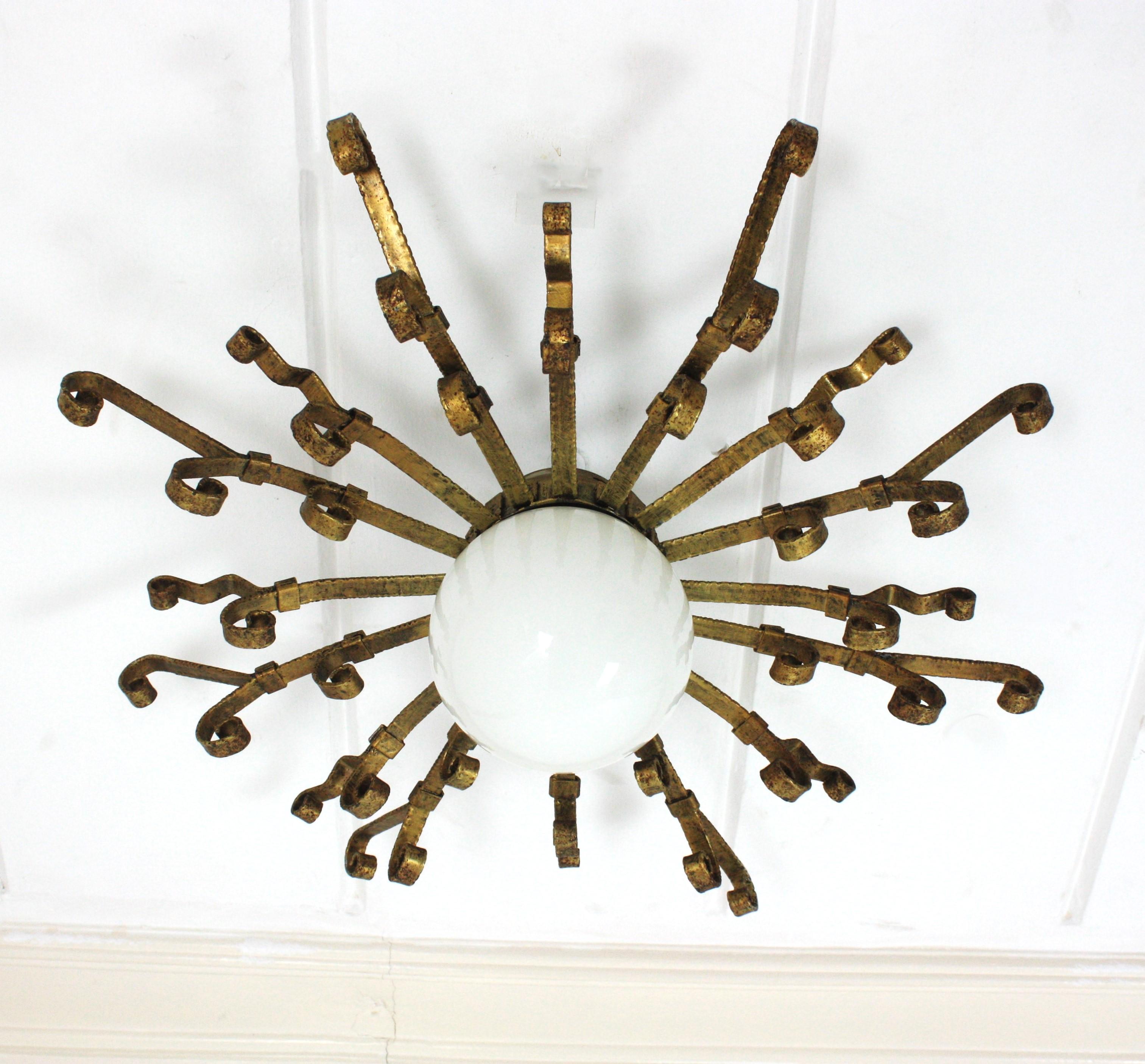 Spanish Large Starburst Sunburst Ceiling Light Fixture with Milk Glass Globe For Sale