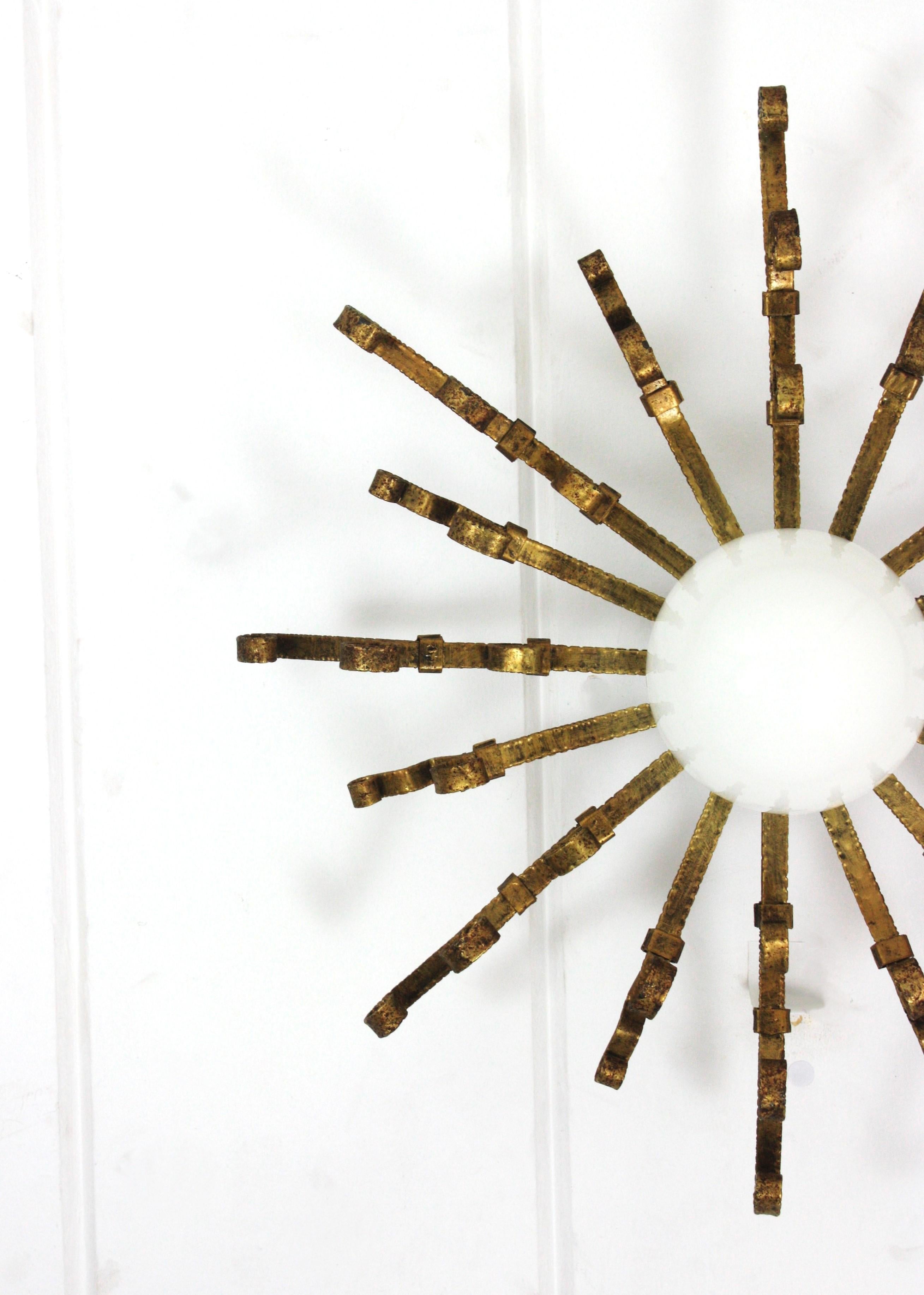 Gilt Large Starburst Sunburst Ceiling Light Fixture with Milk Glass Globe For Sale