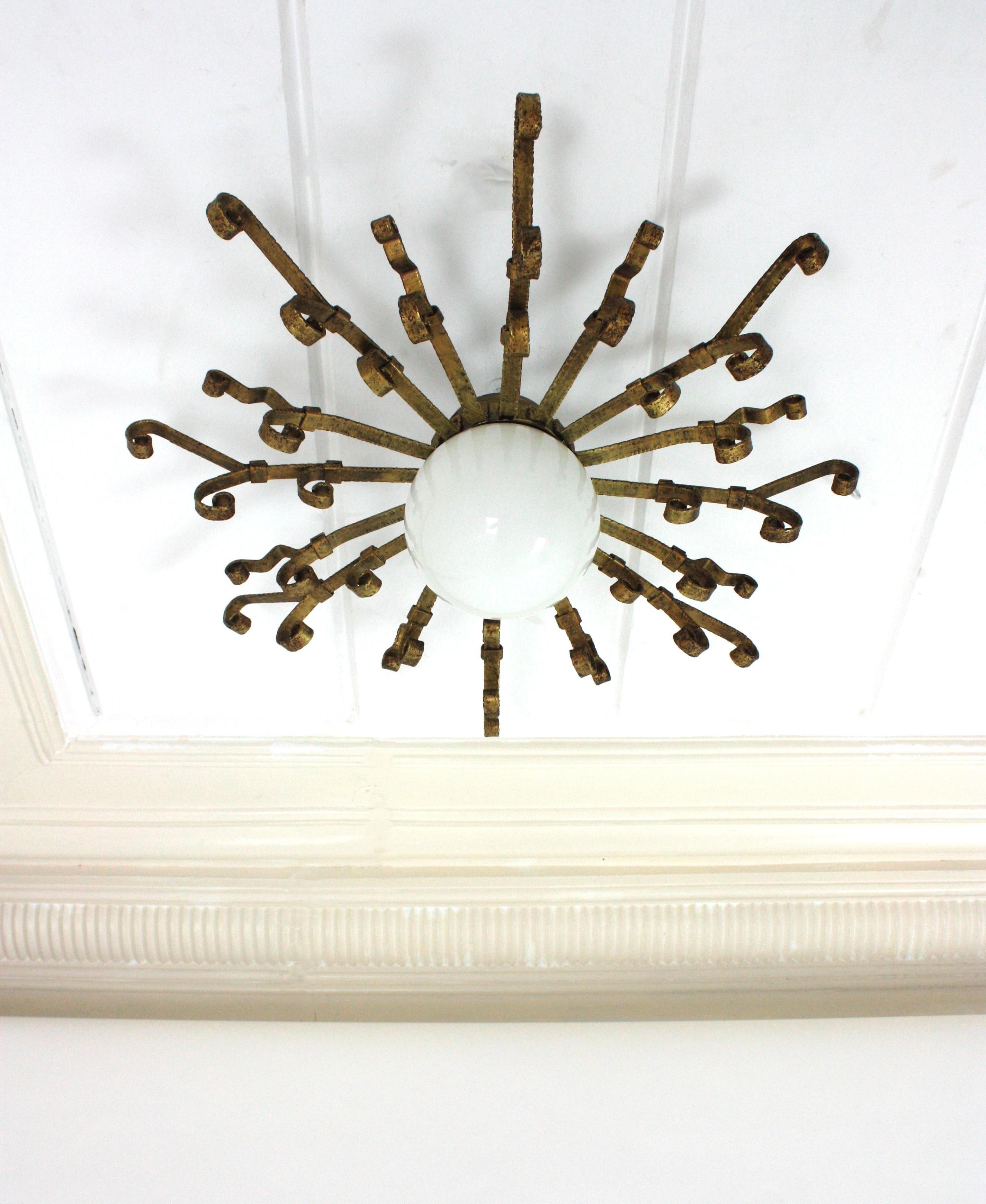 20th Century Large Starburst Sunburst Ceiling Light Fixture with Milk Glass Globe For Sale