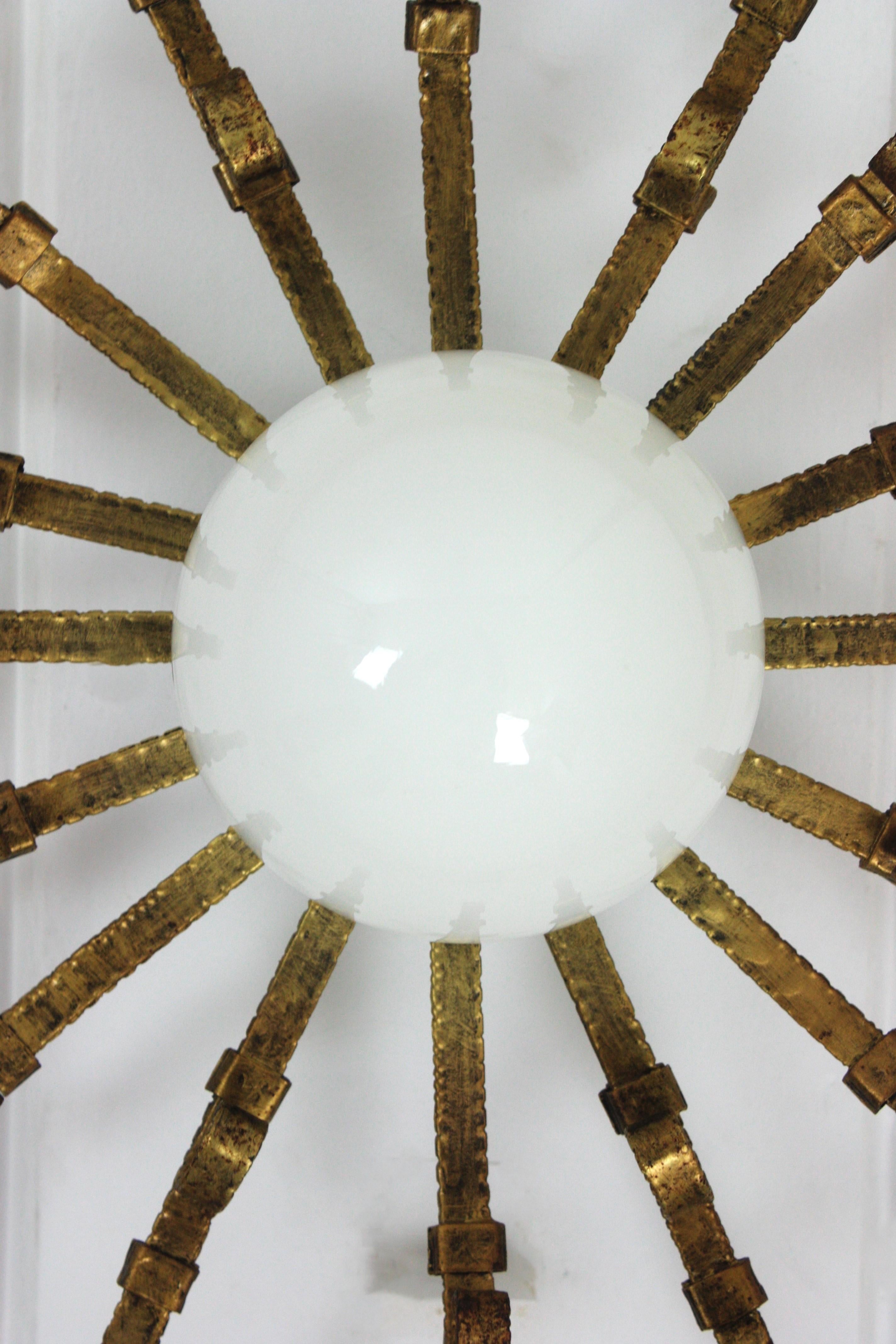 Large Starburst Sunburst Ceiling Light Fixture with Milk Glass Globe For Sale 1