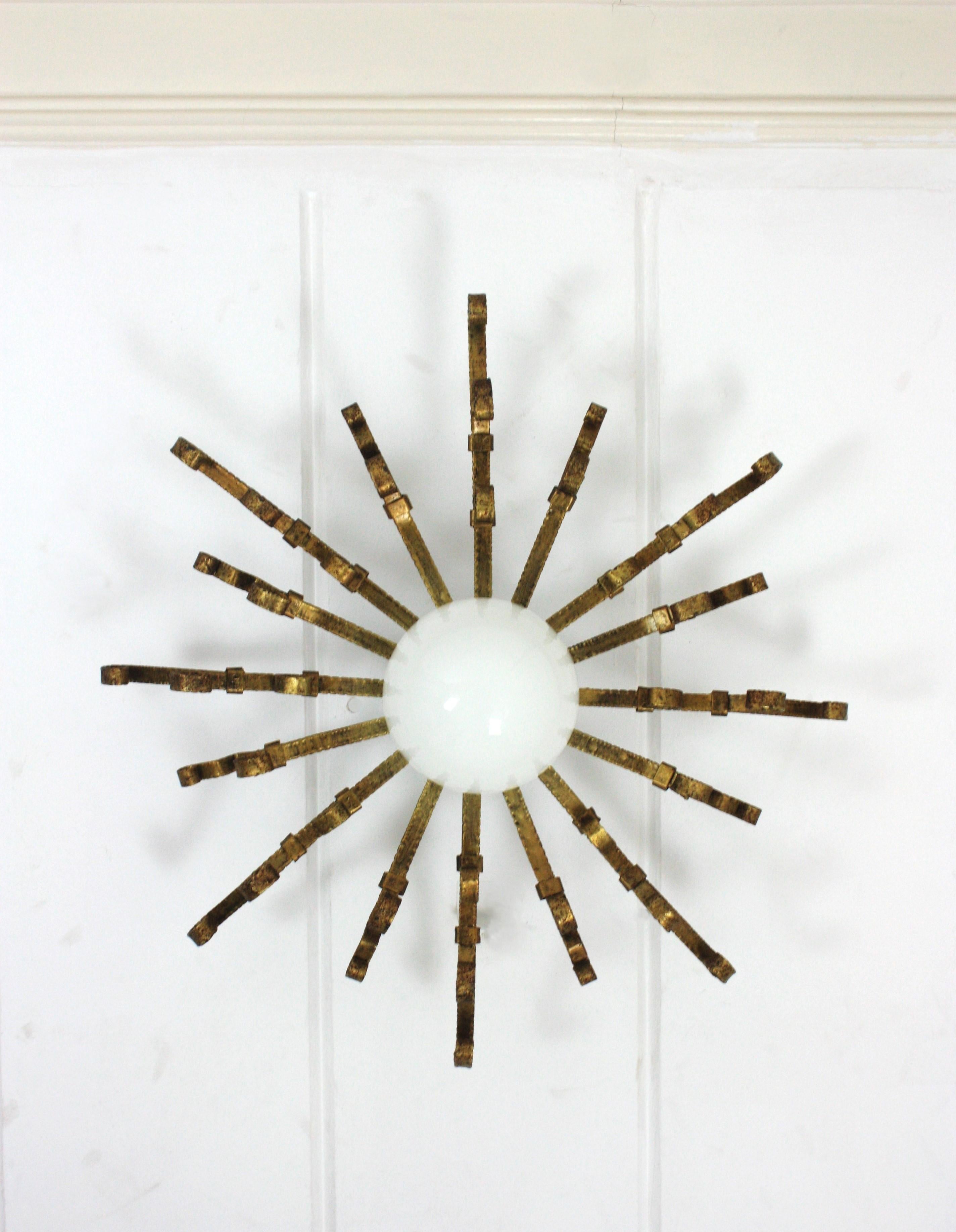 Large Starburst Sunburst Ceiling Light Fixture with Milk Glass Globe For Sale 2