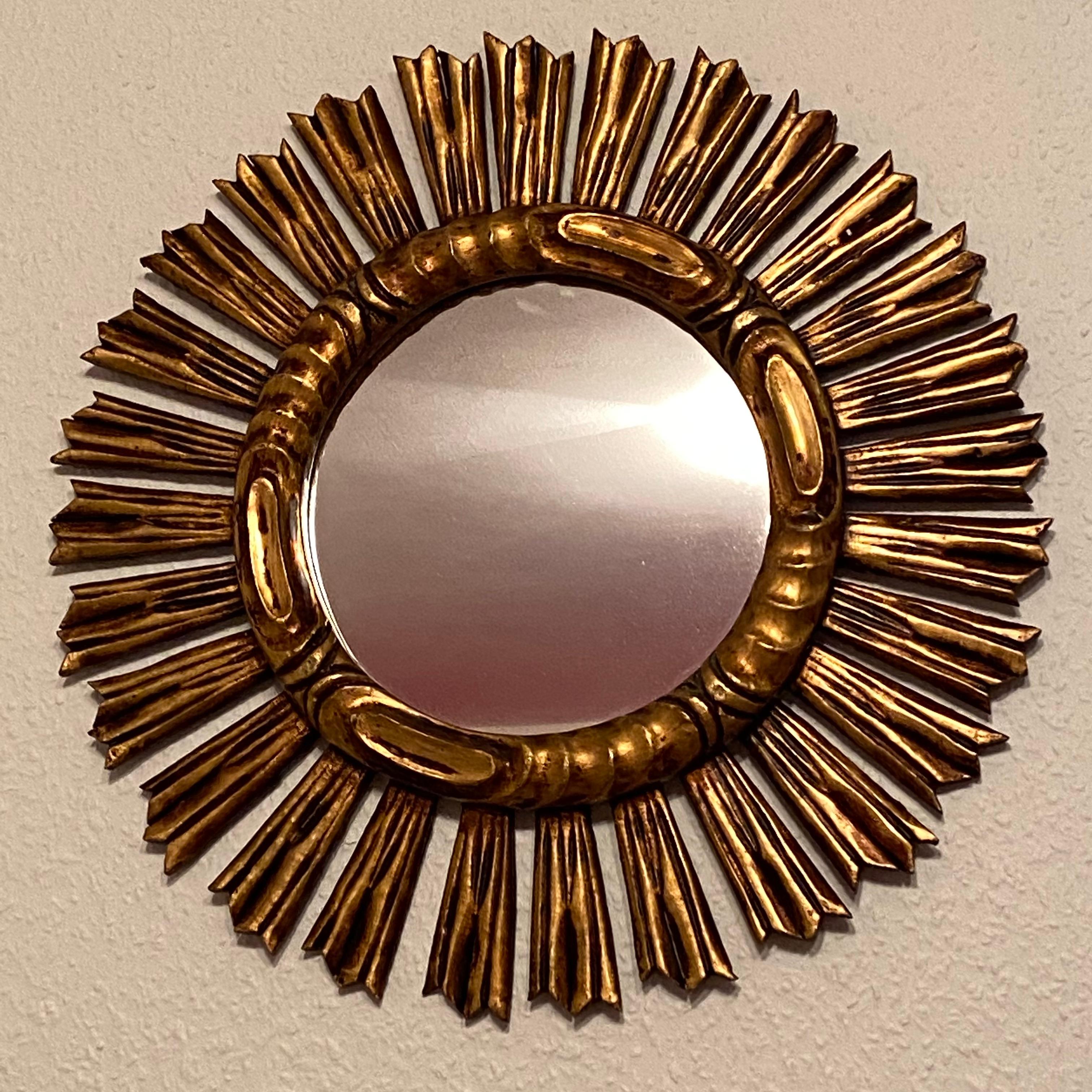 Hollywood Regency Large Starburst Sunburst Gilded Wood Mirror, circa 1930s