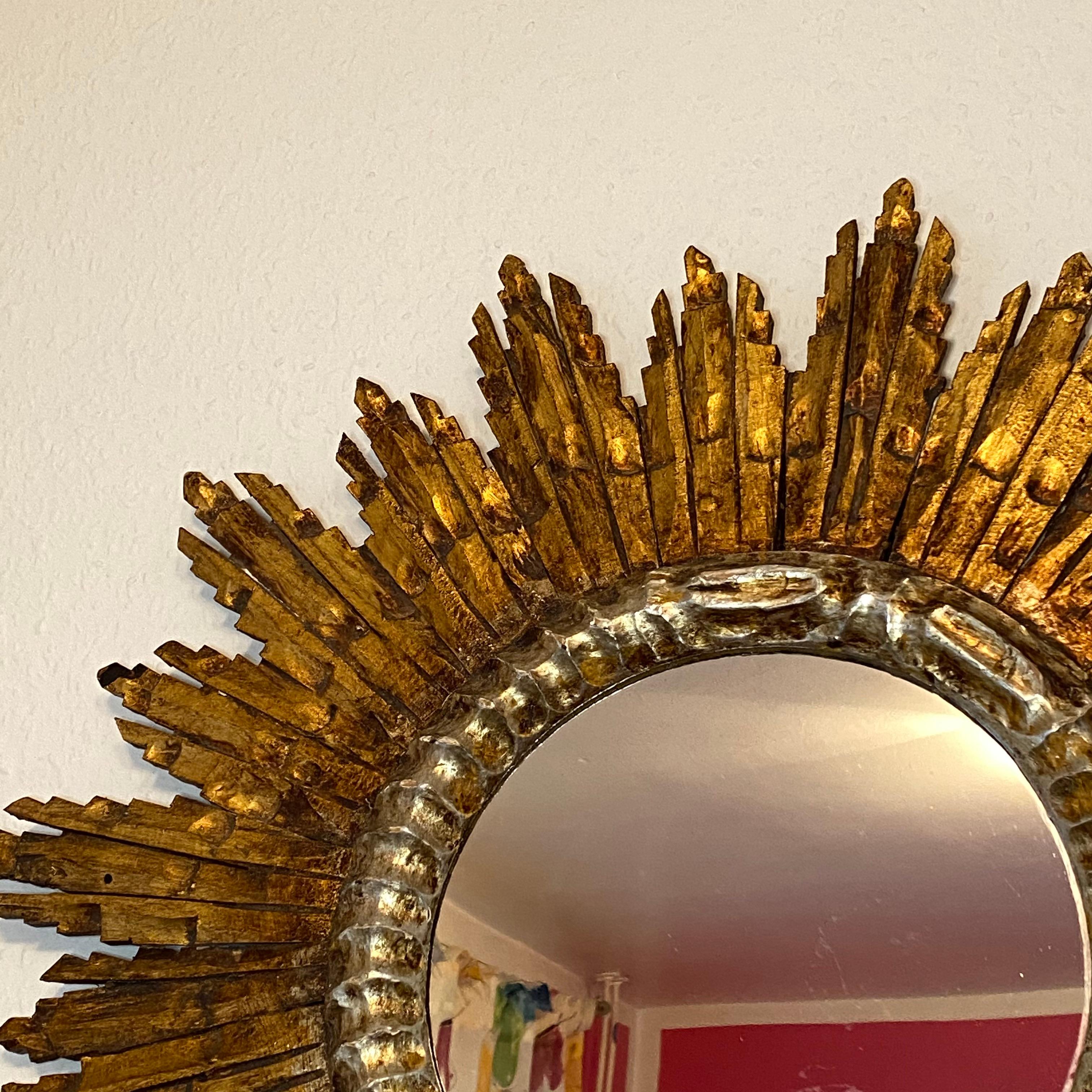 Large Starburst Sunburst Gilded Wood Mirror, circa 1930s 1