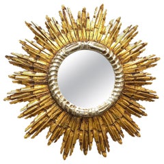 Large Starburst Sunburst Gilded Wood Mirror, circa 1930s