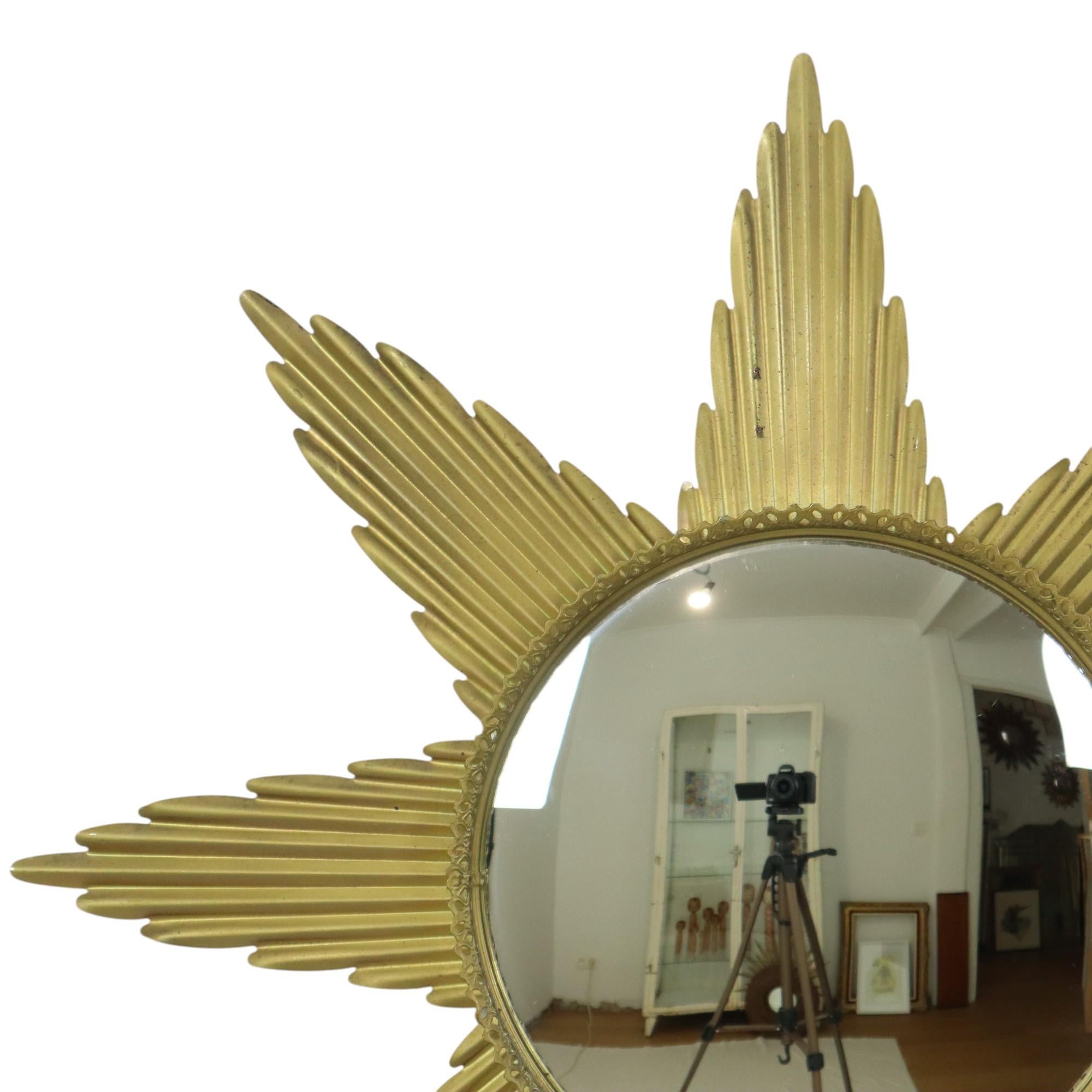 Mid-Century Modern Large Starburst Sunburst Mirror Convex Gold Metal