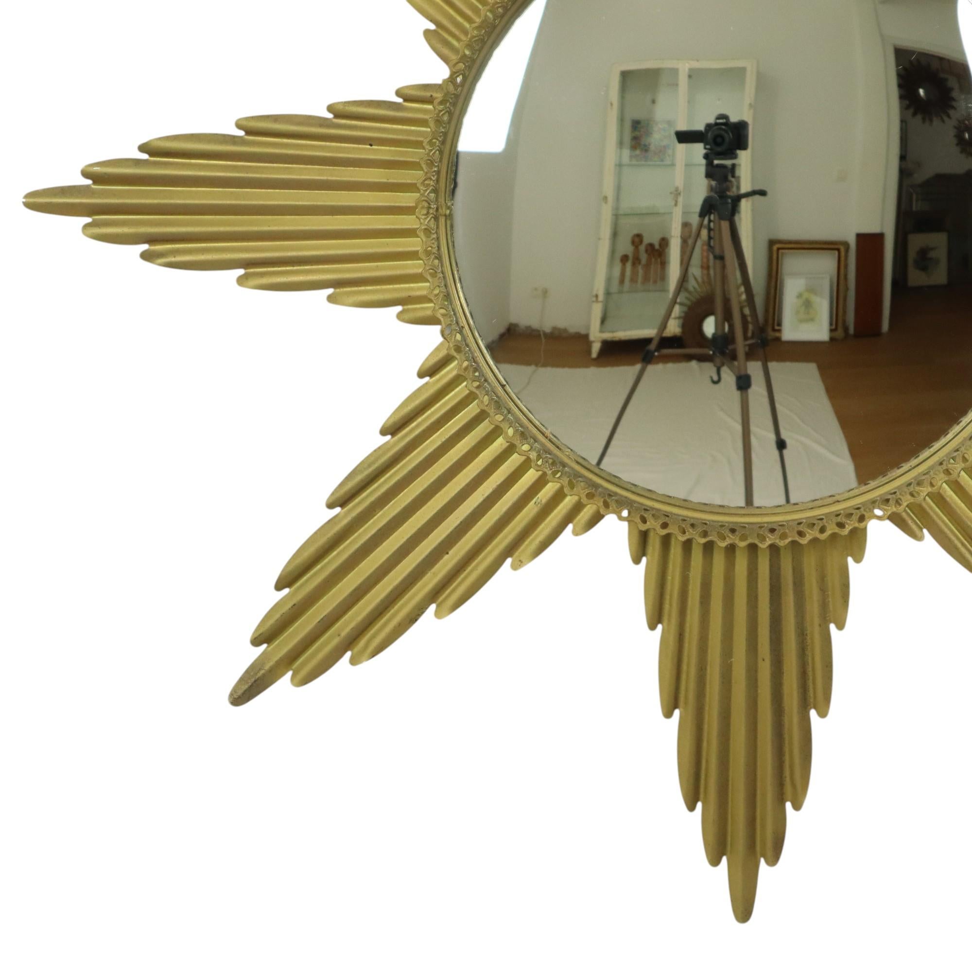 European Large Starburst Sunburst Mirror Convex Gold Metal