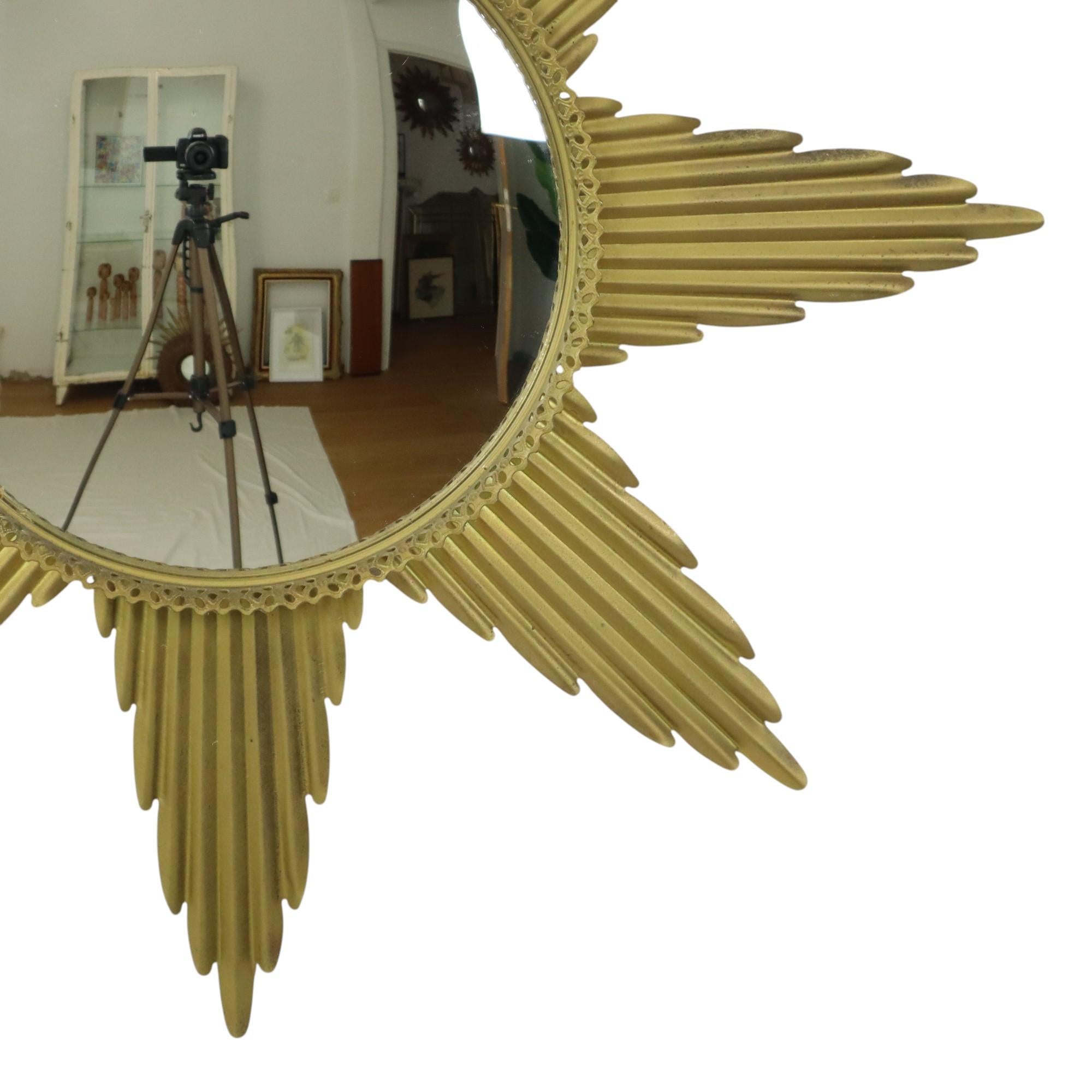 Mid-20th Century Large Starburst Sunburst Mirror Convex Gold Metal