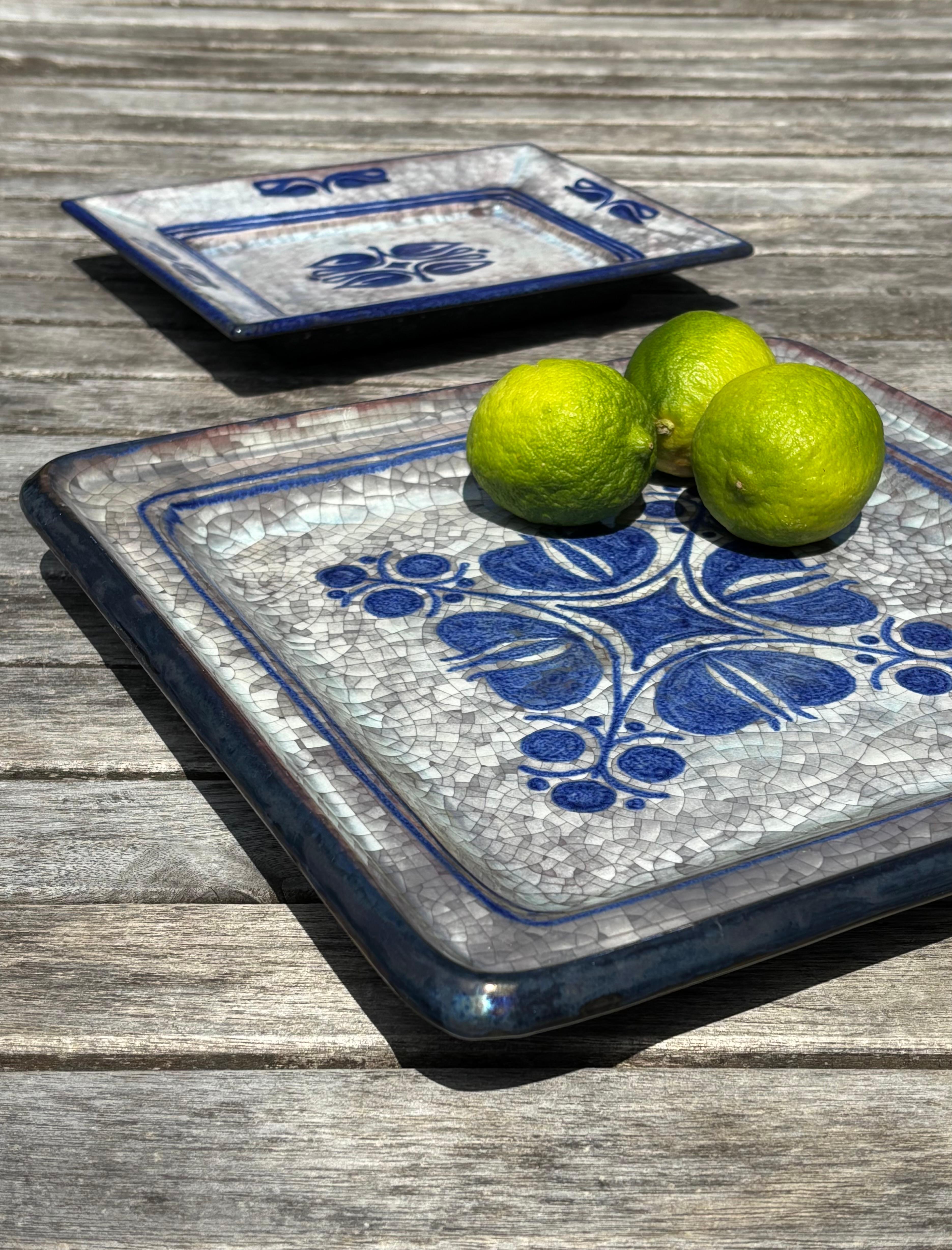 Mid-Century Modern Large Blue Gray Crackle Glazed Square Plate, 1960s For Sale