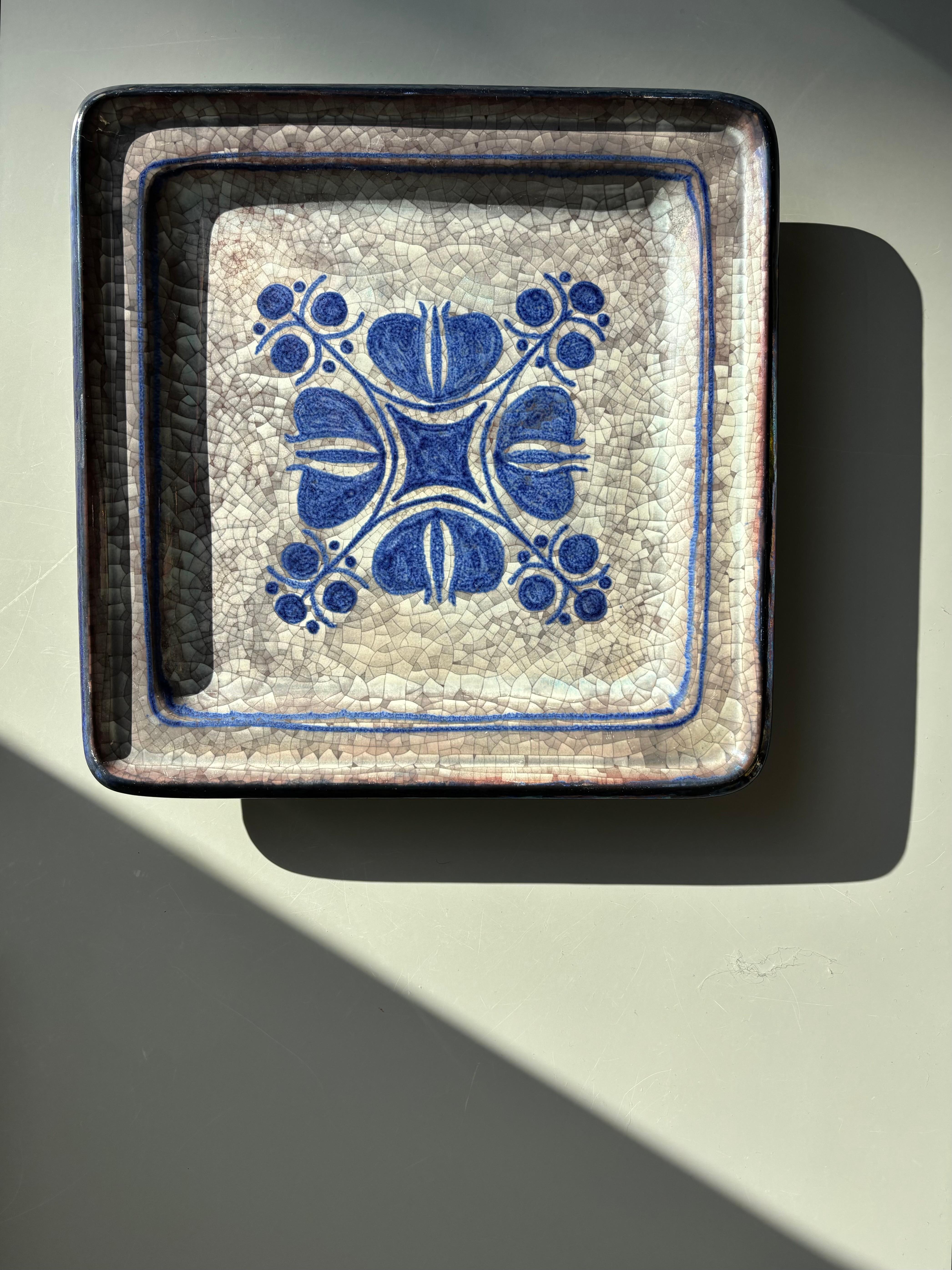 20th Century Large Blue Gray Crackle Glazed Square Plate, 1960s For Sale