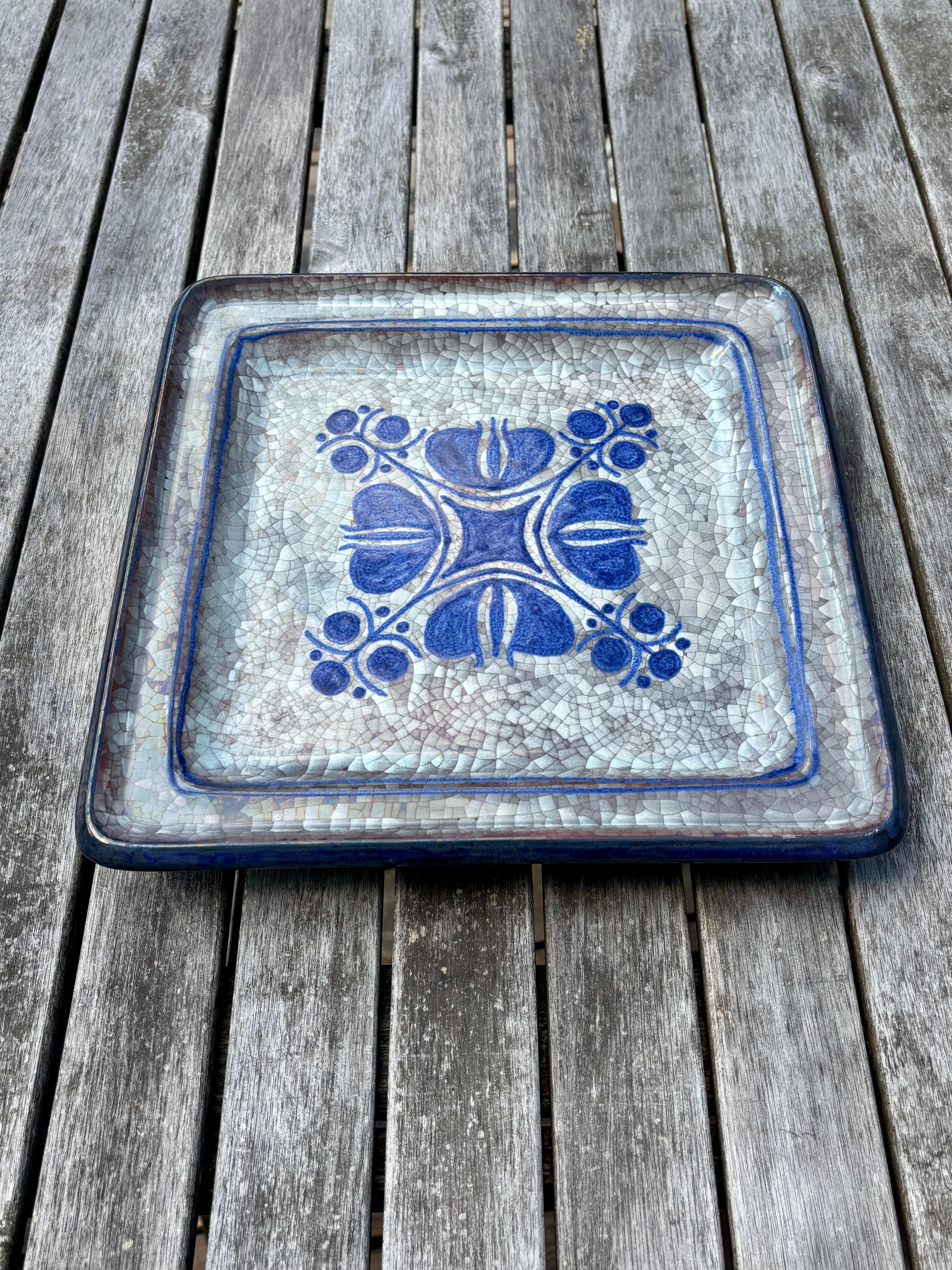 Ceramic Large Blue Gray Crackle Glazed Square Plate, 1960s For Sale