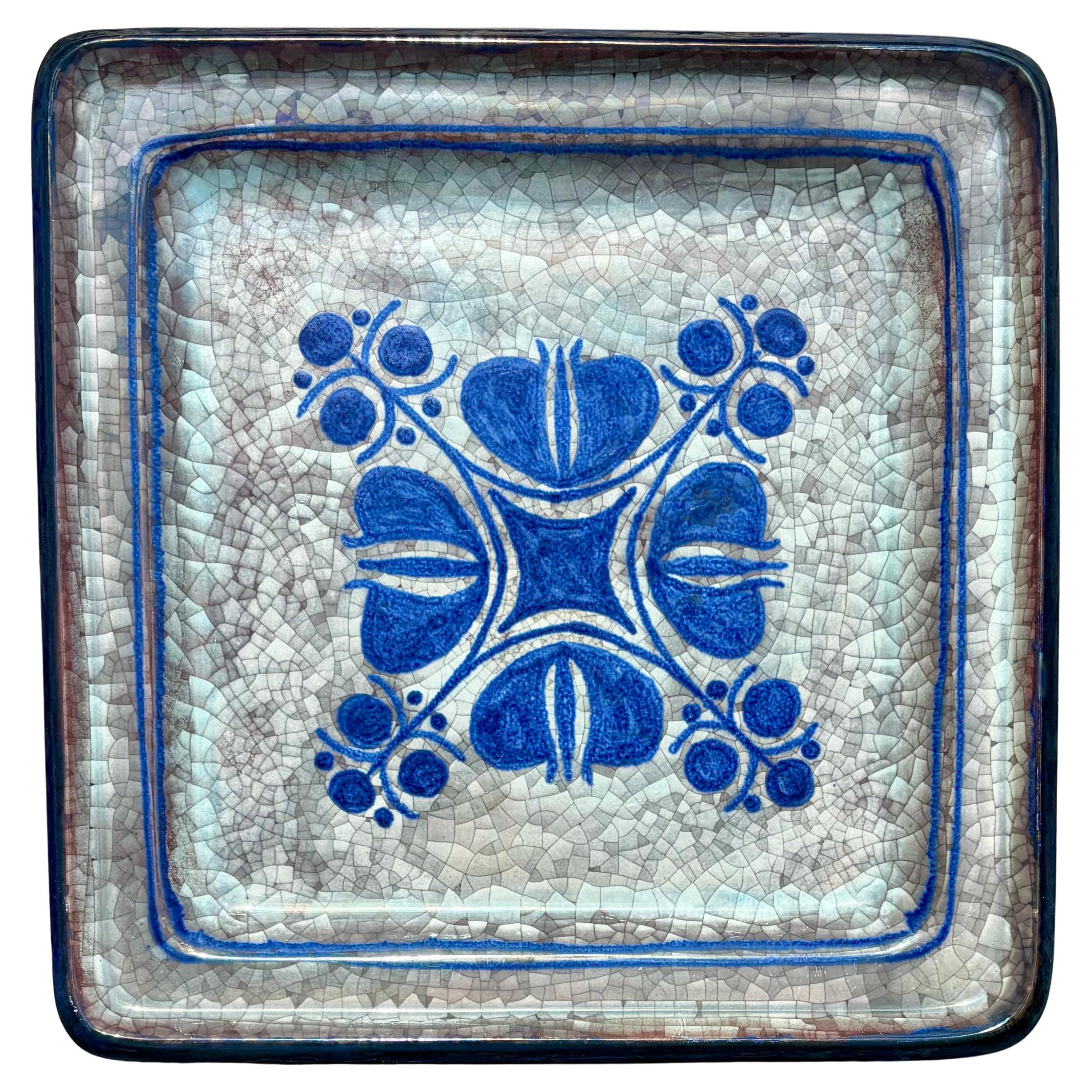 Large Blue Gray Crackle Glazed Square Plate, 1960s For Sale