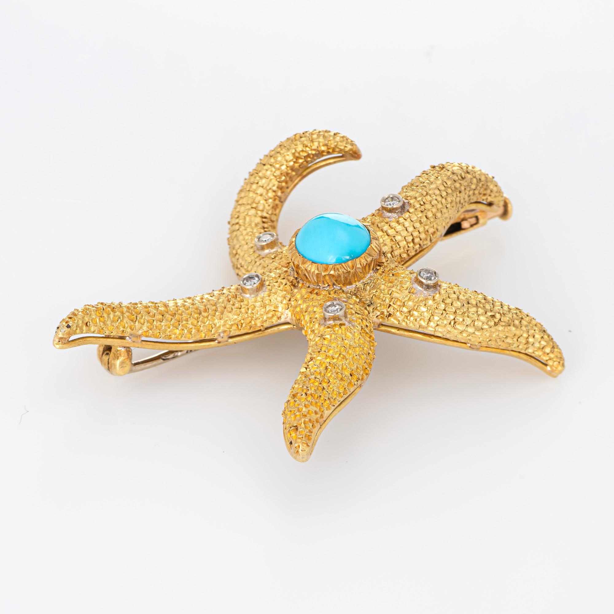 Finely detailed vintage starfish turquoise& diamond brooch crafted in 18k yellow gold.  

Diamonds total an estimated 0.05 carats (estimated at H-I color and SI1-2 clarity). The cabochon cut turquoise measures 8mm x 7mm. The turquoise is in