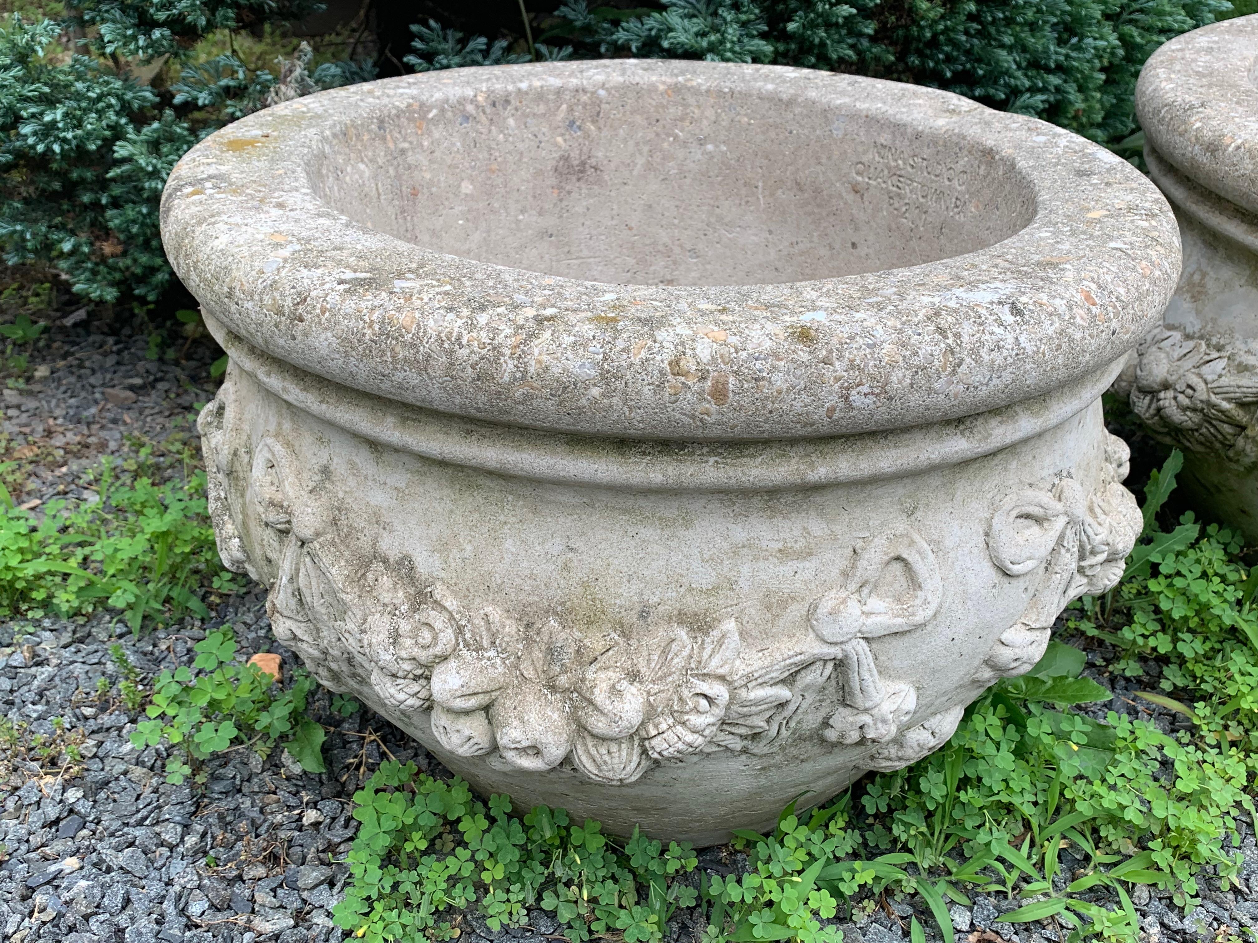 American Large Stately Pair of Cast Stone Cement Flower Pot Planters