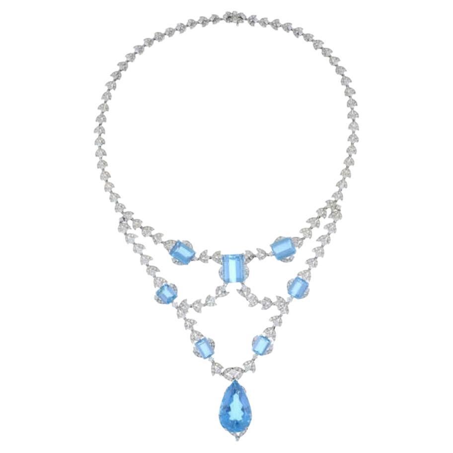 Large Statement Aquamarine & Diamond Chandelier Necklace For Sale