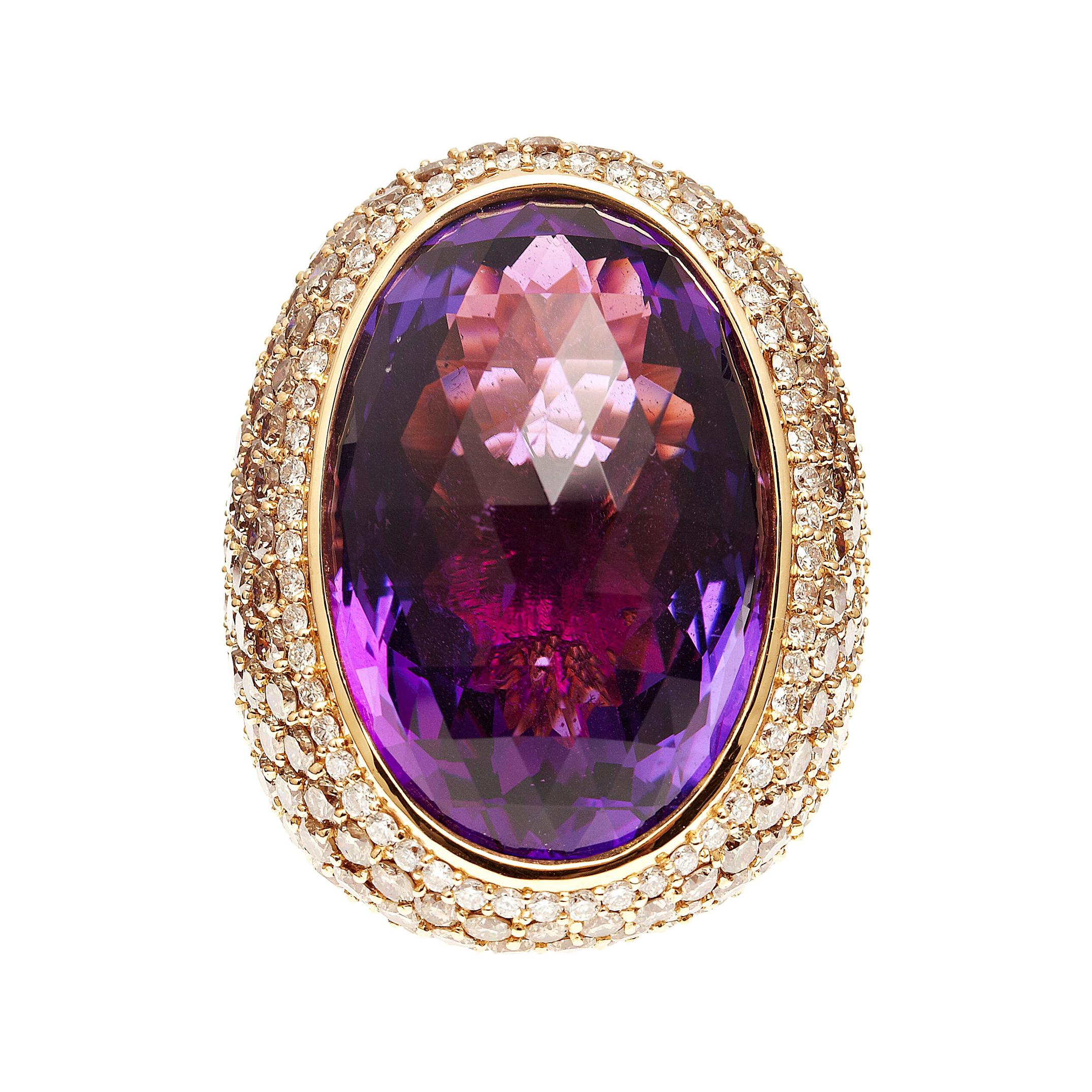 Large Statement Cocktail Ring with 34ct Amethyst Center Stone For Sale