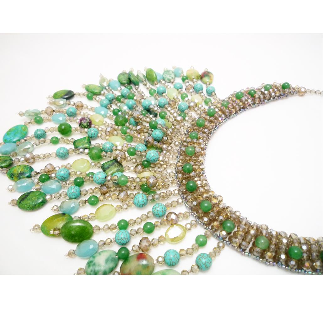 large statement-collier, tourquiose and Swarovsky pearls, eyecatcher in green For Sale 1