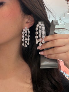 Large Statement Diamond Chandelier Earrings 8.10 Carat 18K White Gold Princess