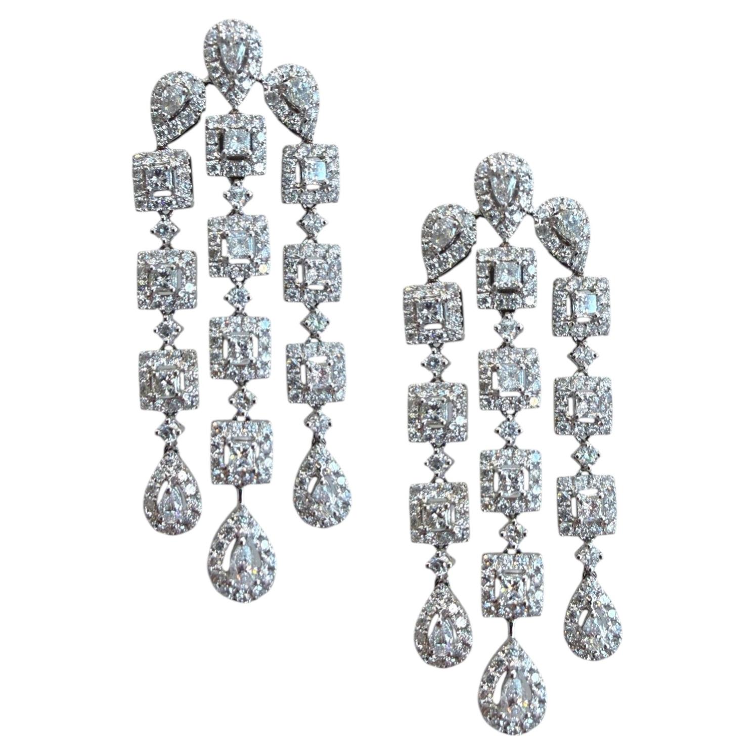 Large Statement Diamond Chandelier Earrings 8.10 Carat 18K White Gold Princess