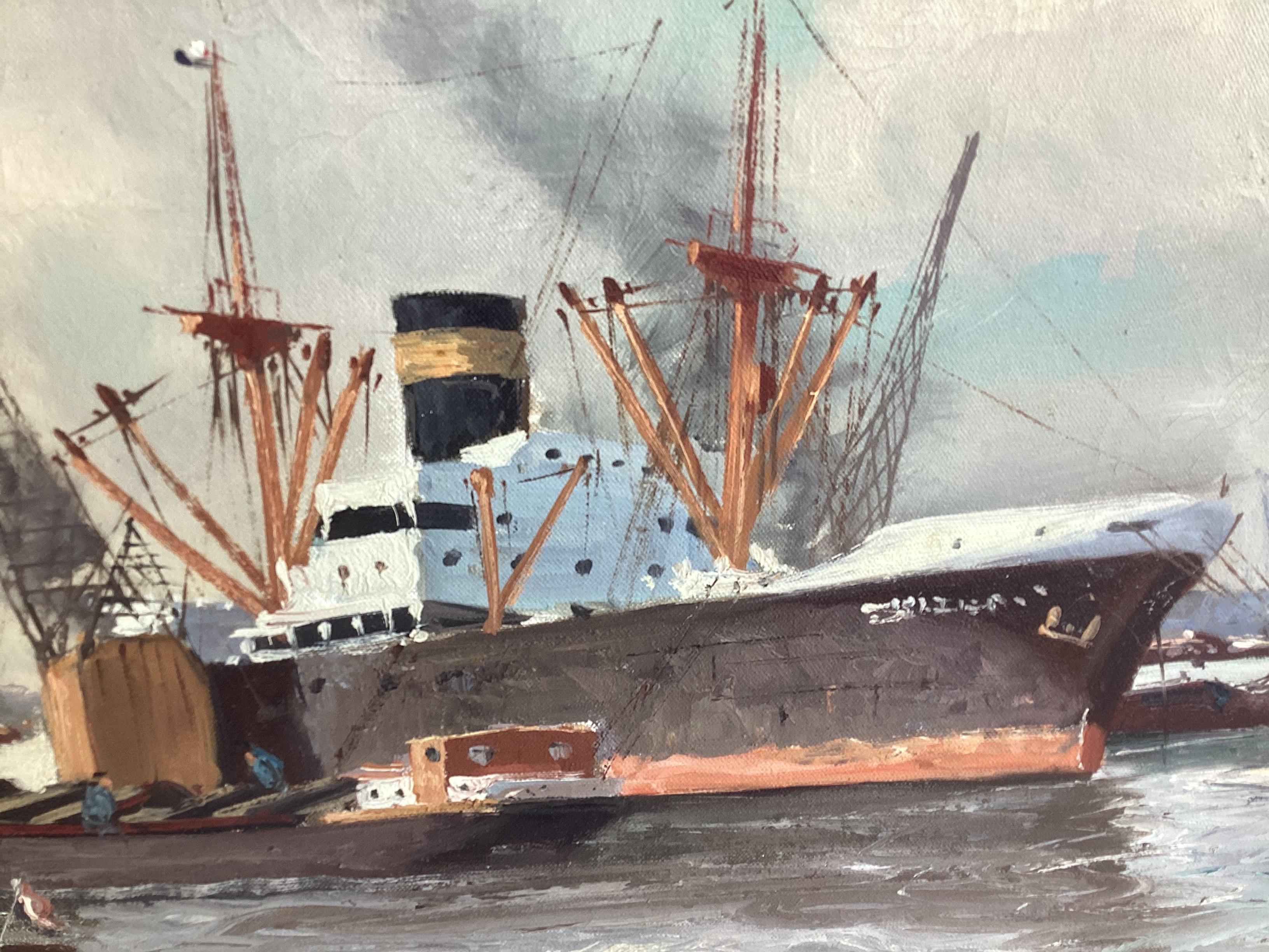 Large Steam Ship in Harbor Oil on Canvas Signed H Peters. Please note pictures some history about the artist is on the back and photographed. This piece is 43 inches wide by 31 inches tall and 2 1/2 inches deep overall image size 36 x 24”. nice