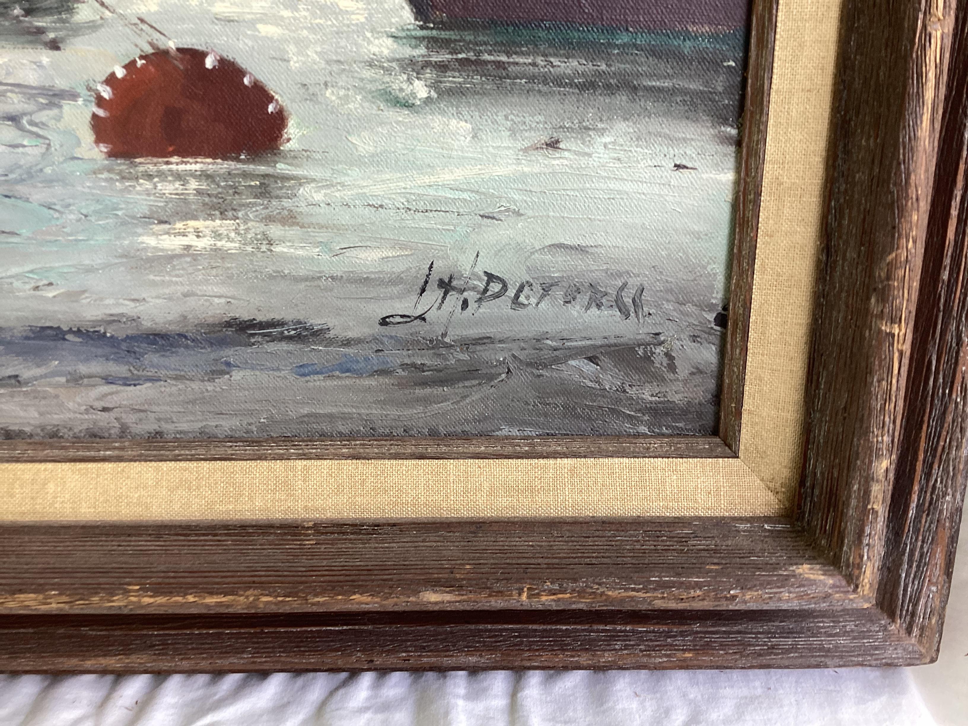 Large Steam Ship in Harbor Oil Painting on Canvas Signed H Peters, Framed In Excellent Condition For Sale In Lambertville, NJ