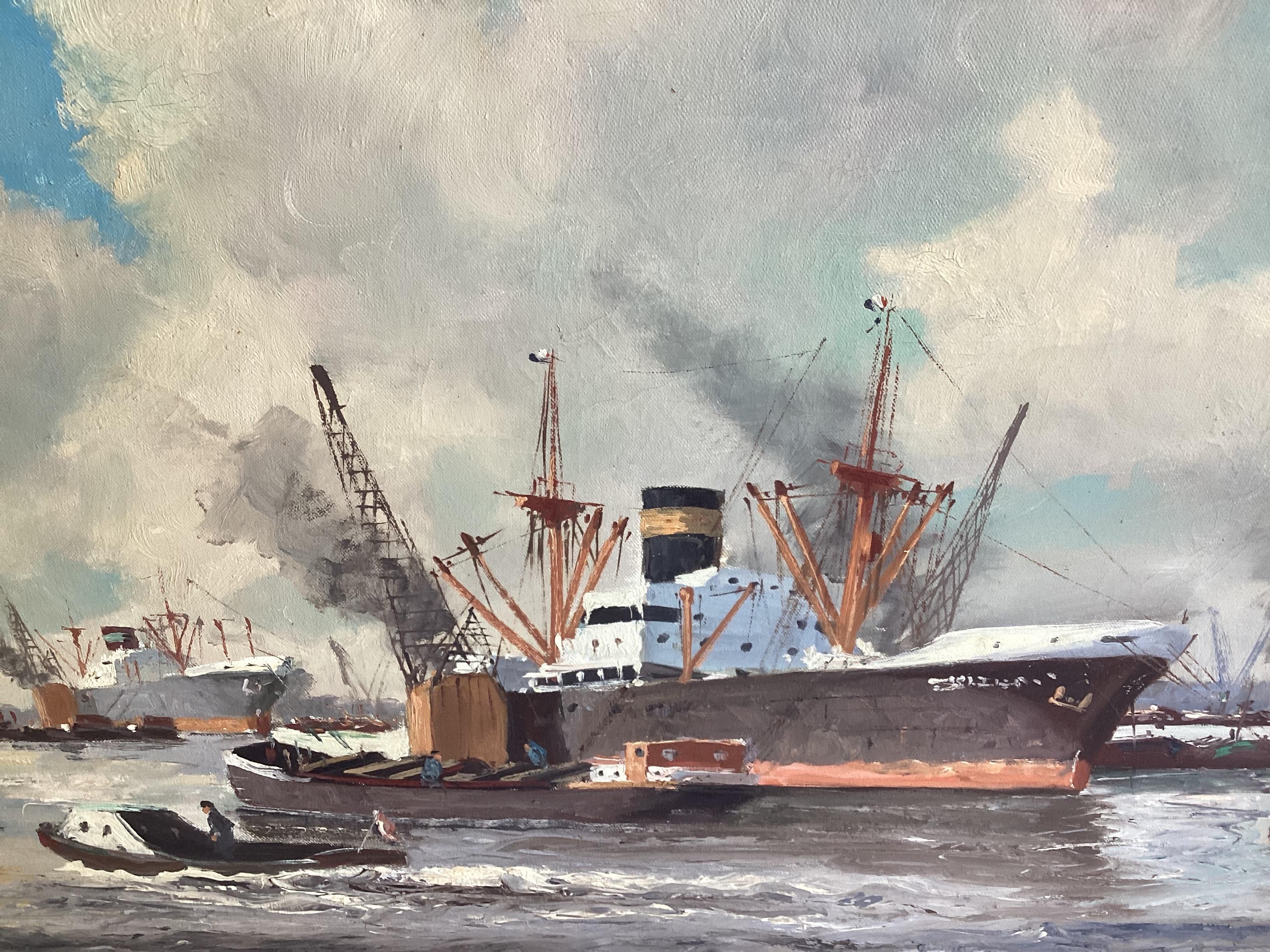 Large Steam Ship in Harbor Oil Painting on Canvas Signed H Peters, Framed For Sale 1