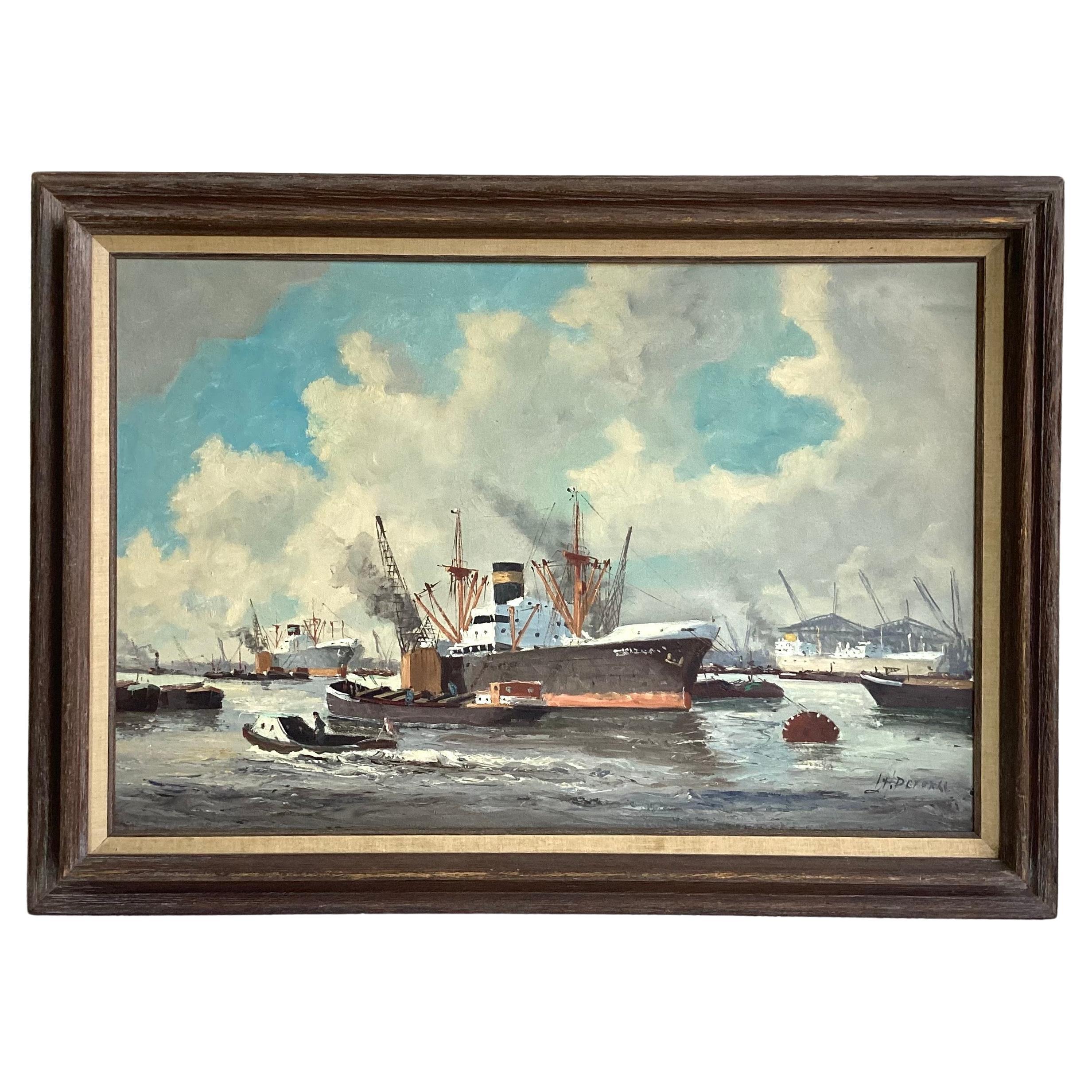 Grande nave a vapore nel porto Pittura a olio su tela firmata H. H. Peters, incorniciata
