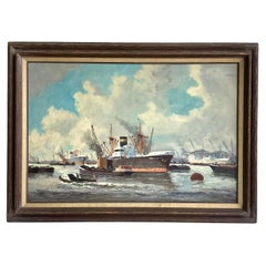 Grande nave a vapore nel porto Pittura a olio su tela firmata H. H. Peters, incorniciata