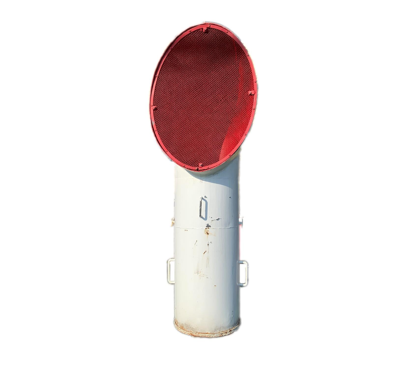 Incredibly decorative and huge ships ventilator funnel. Painted white with red interior. Also has a red steel screen. Fitted with three handles.

Weight: 140 lbs
Overall Dimensions: 87
