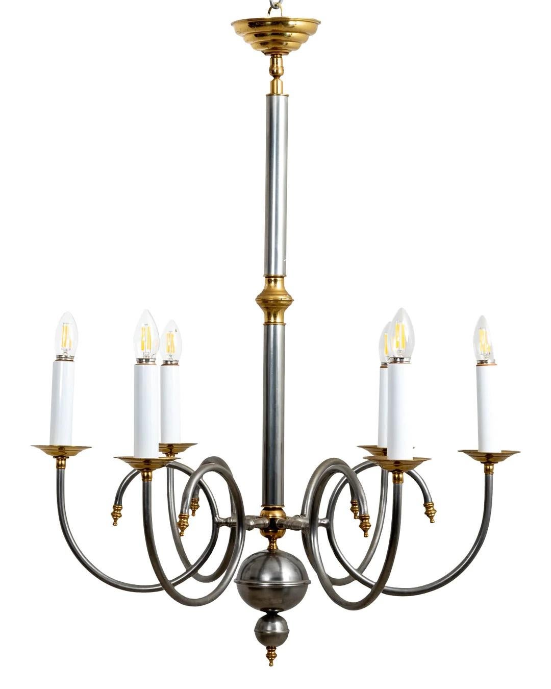 Large Steel and Brass Six Arm Chandelier For Sale 1