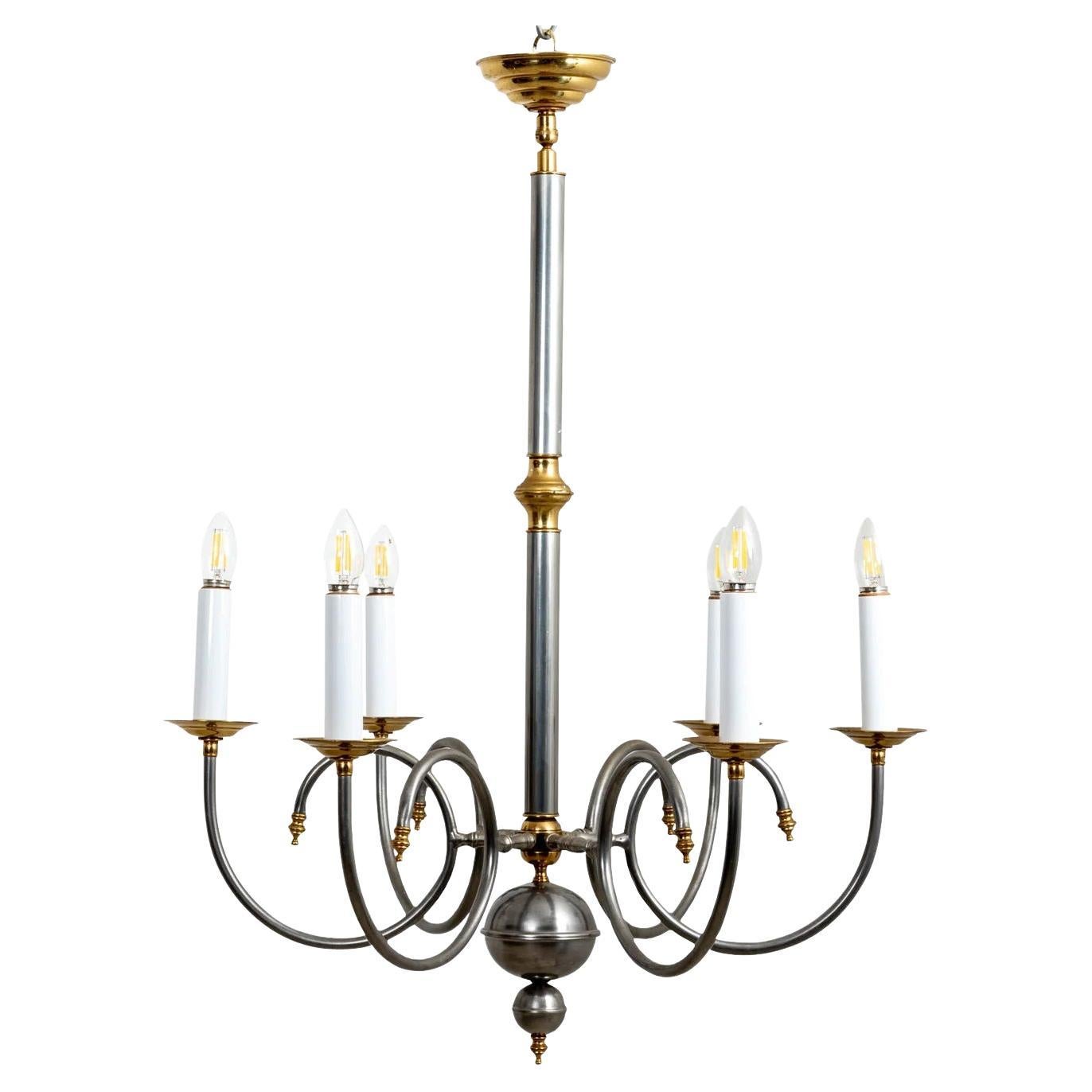 Large Steel and Brass Six Arm Chandelier