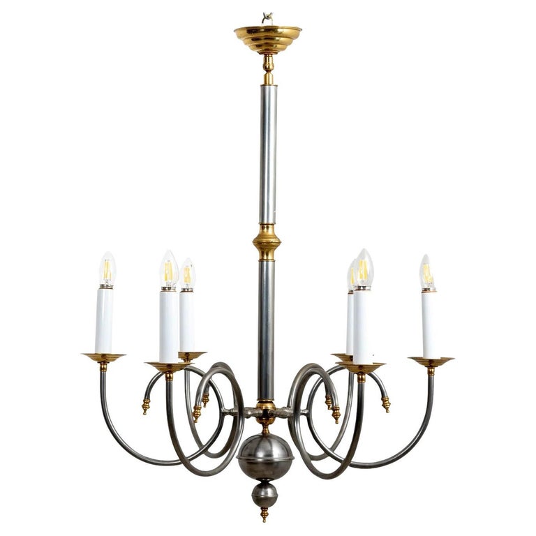 Large Steel and Brass Six Arm Chandelier For Sale at 1stDibs
