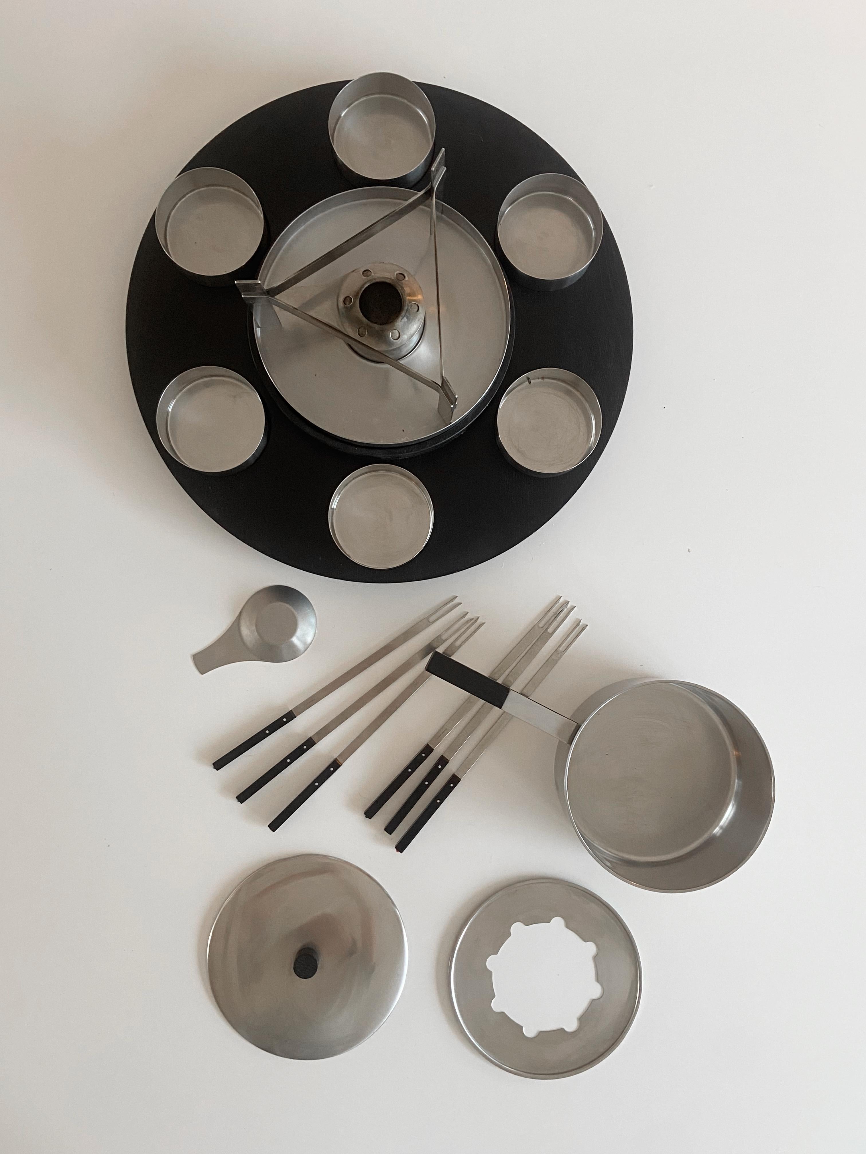 Mid-Century Modern Large Steel and wood Peter Holmblad Fondue Set for Stelton Denmark For Sale