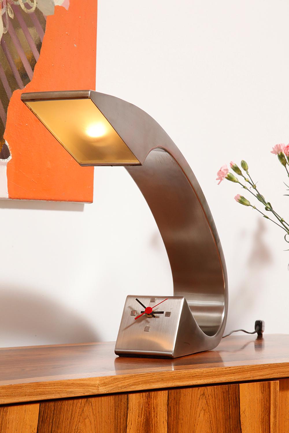 Large Steel Cabinet Lamp with a Small Clock 'Impala' by Fase, Spain 1970s For Sale 2
