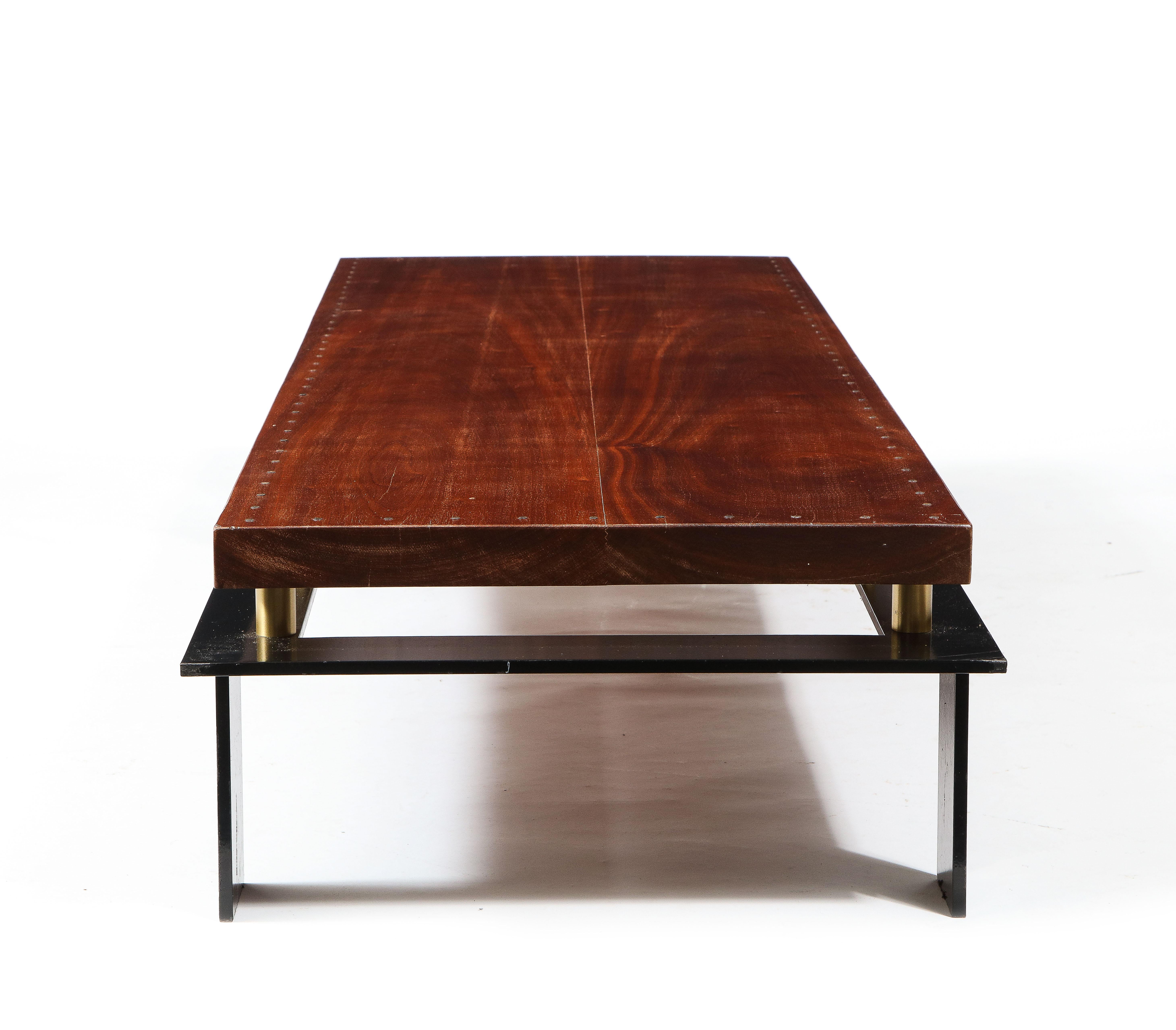 Large Long Low Modernist Steel & Walnut Coffee Table, France 1970's For Sale 4