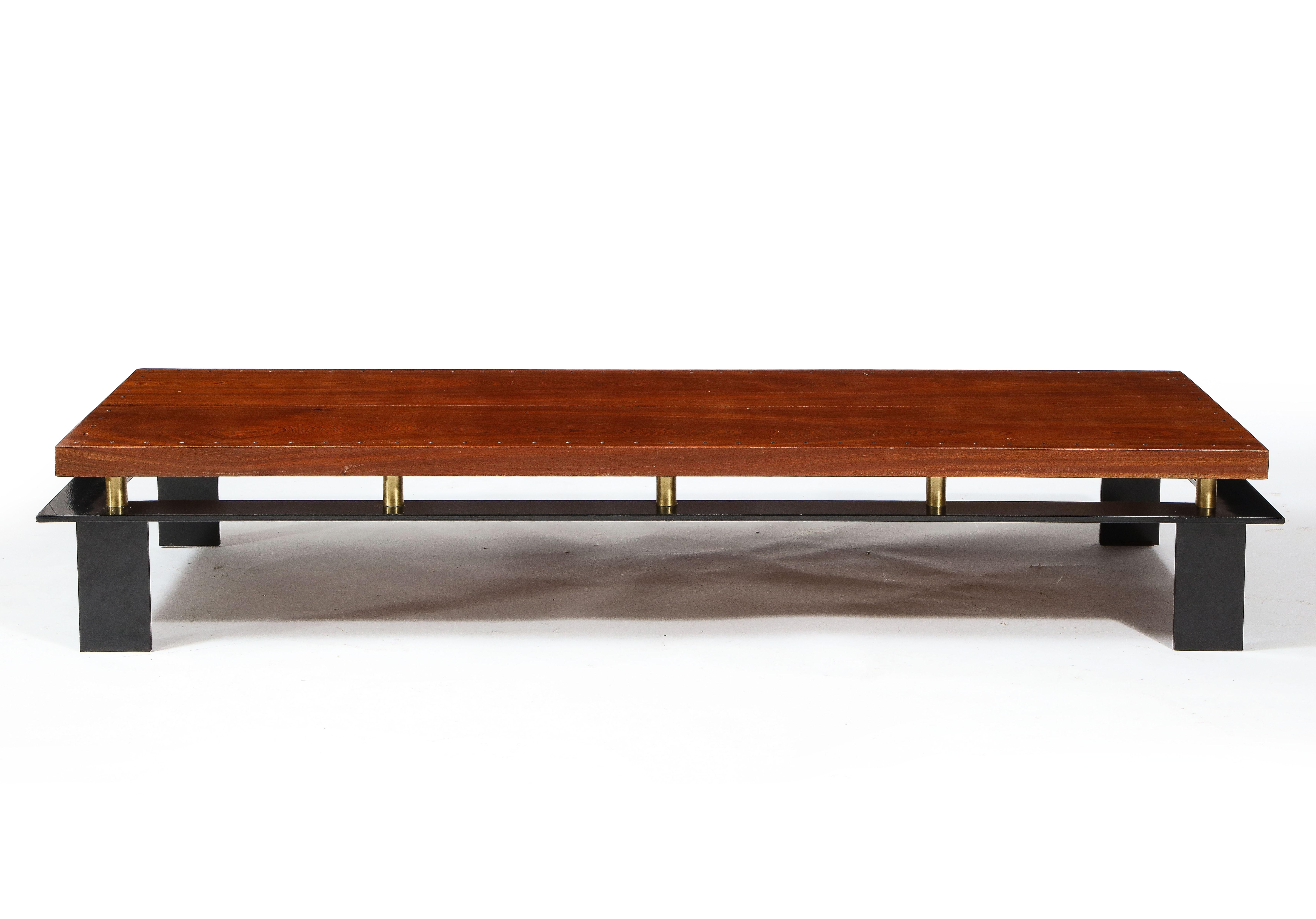 Large Long Low Modernist Steel & Walnut Coffee Table, France 1970's For Sale 7