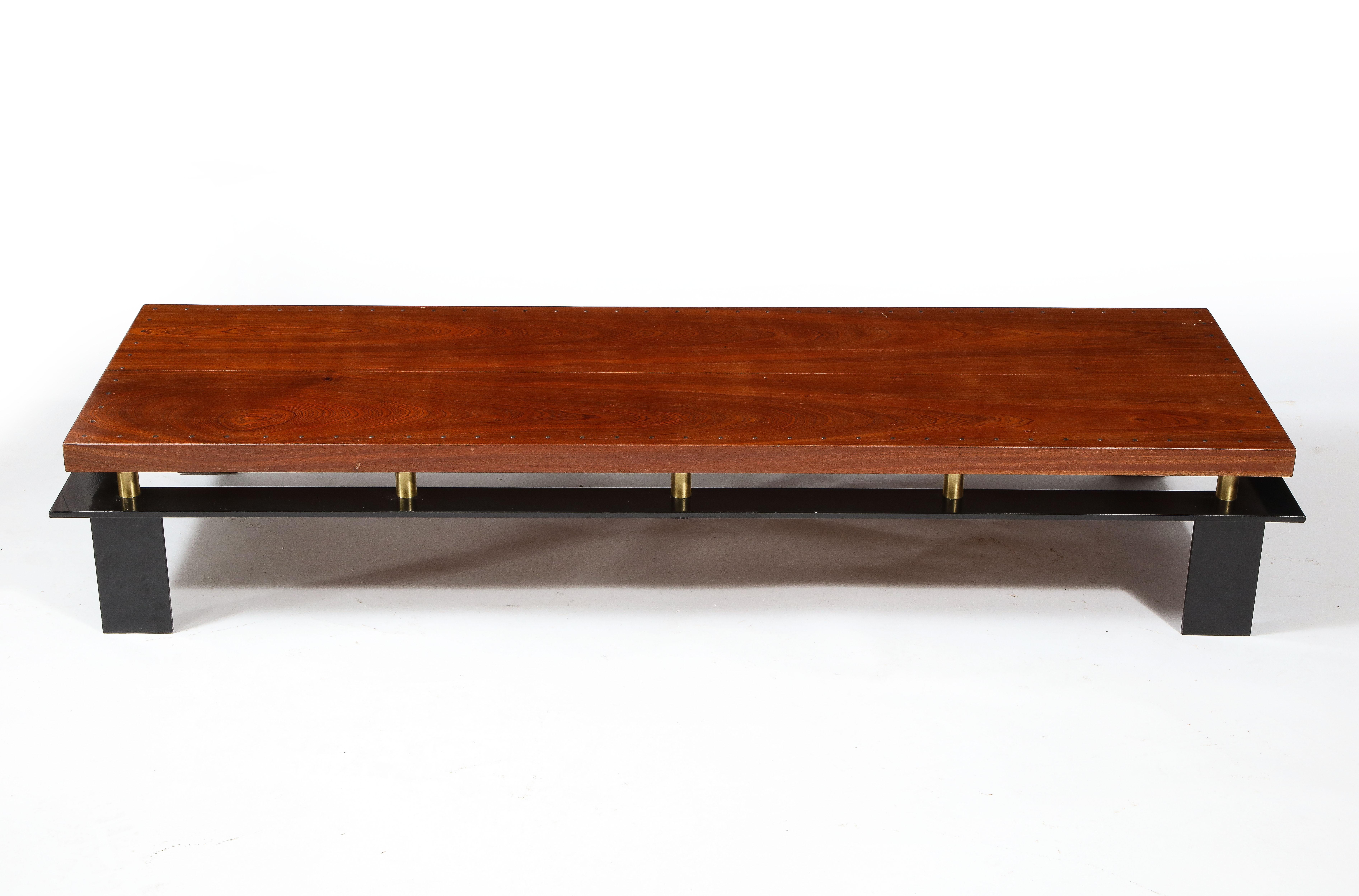 Large Long Low Modernist Steel & Walnut Coffee Table, France 1970's For Sale 8