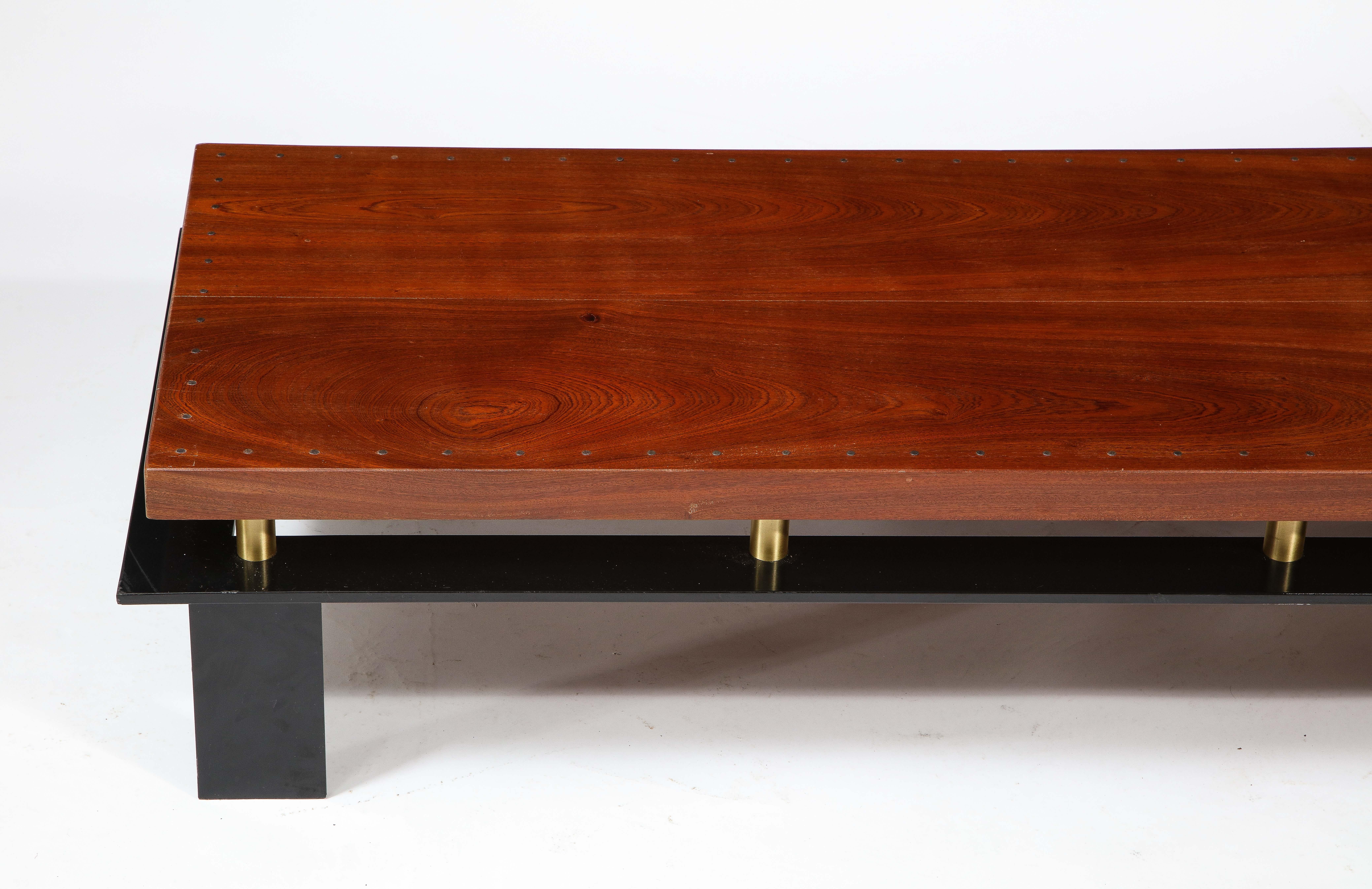 Mid-Century Modern Large Long Low Modernist Steel & Walnut Coffee Table, France 1970's For Sale