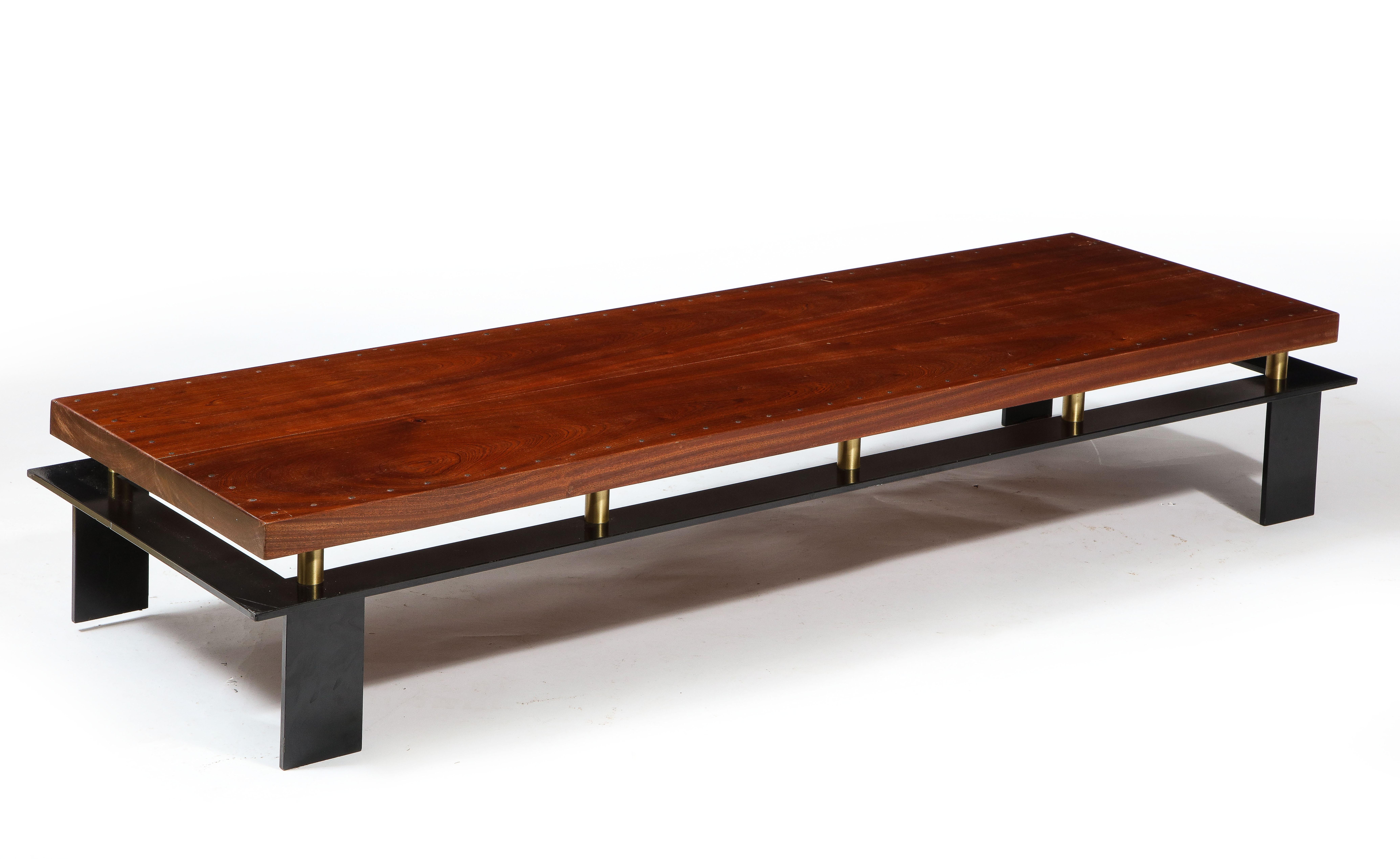 Large Long Low Modernist Steel & Walnut Coffee Table, France 1970's In Good Condition For Sale In New York, NY