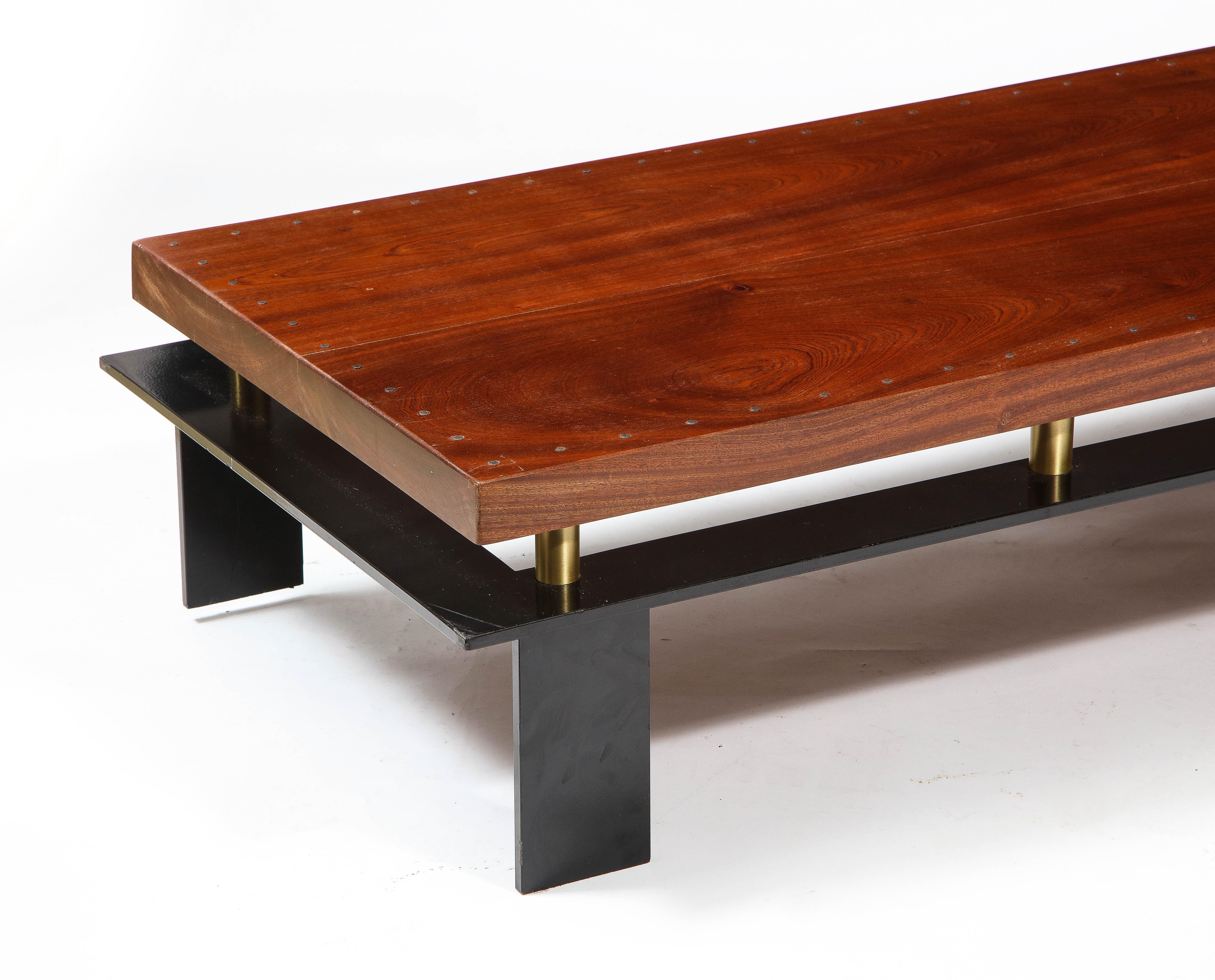 20th Century Large Long Low Modernist Steel & Walnut Coffee Table, France 1970's For Sale