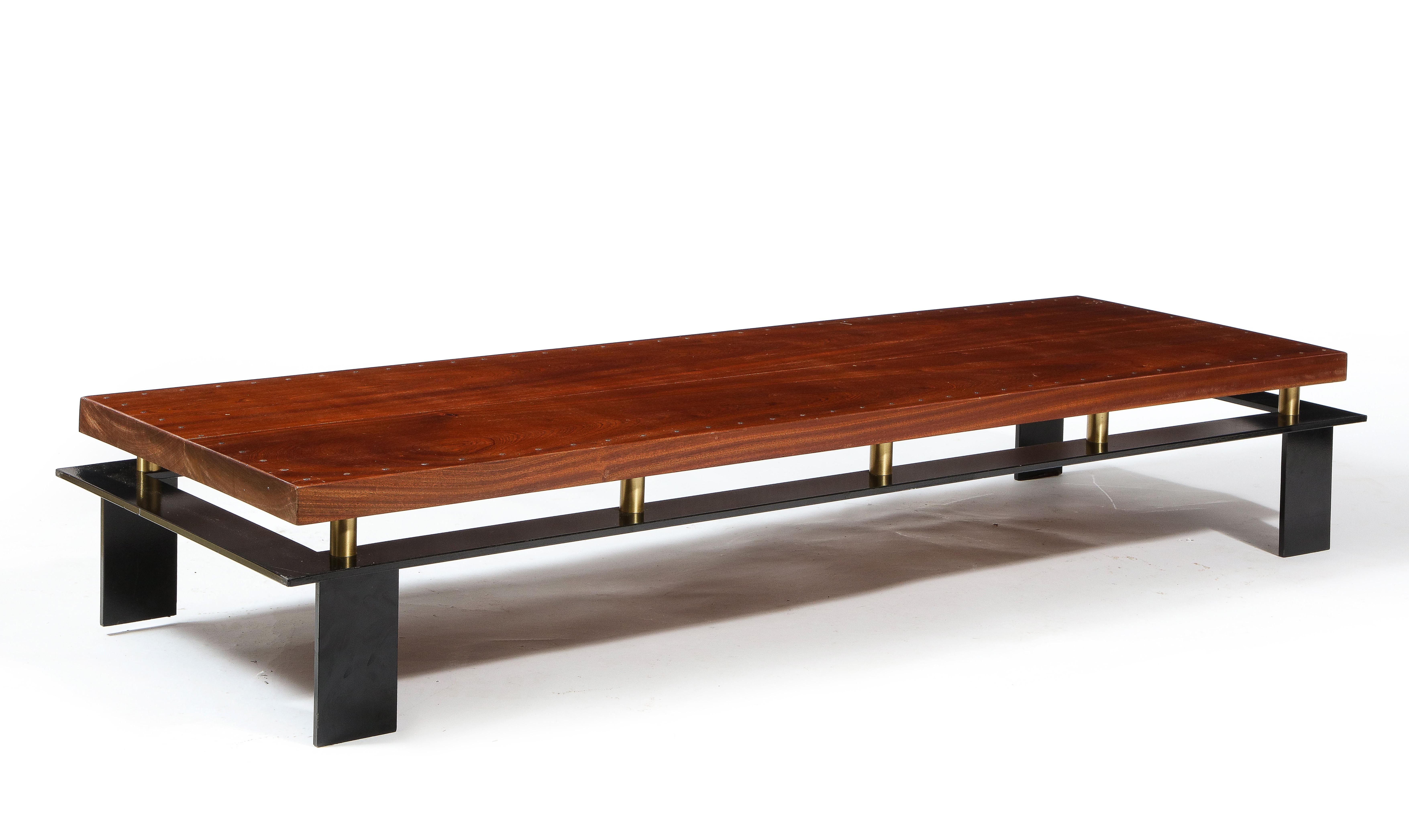 Large Long Low Modernist Steel & Walnut Coffee Table, France 1970's For Sale 1