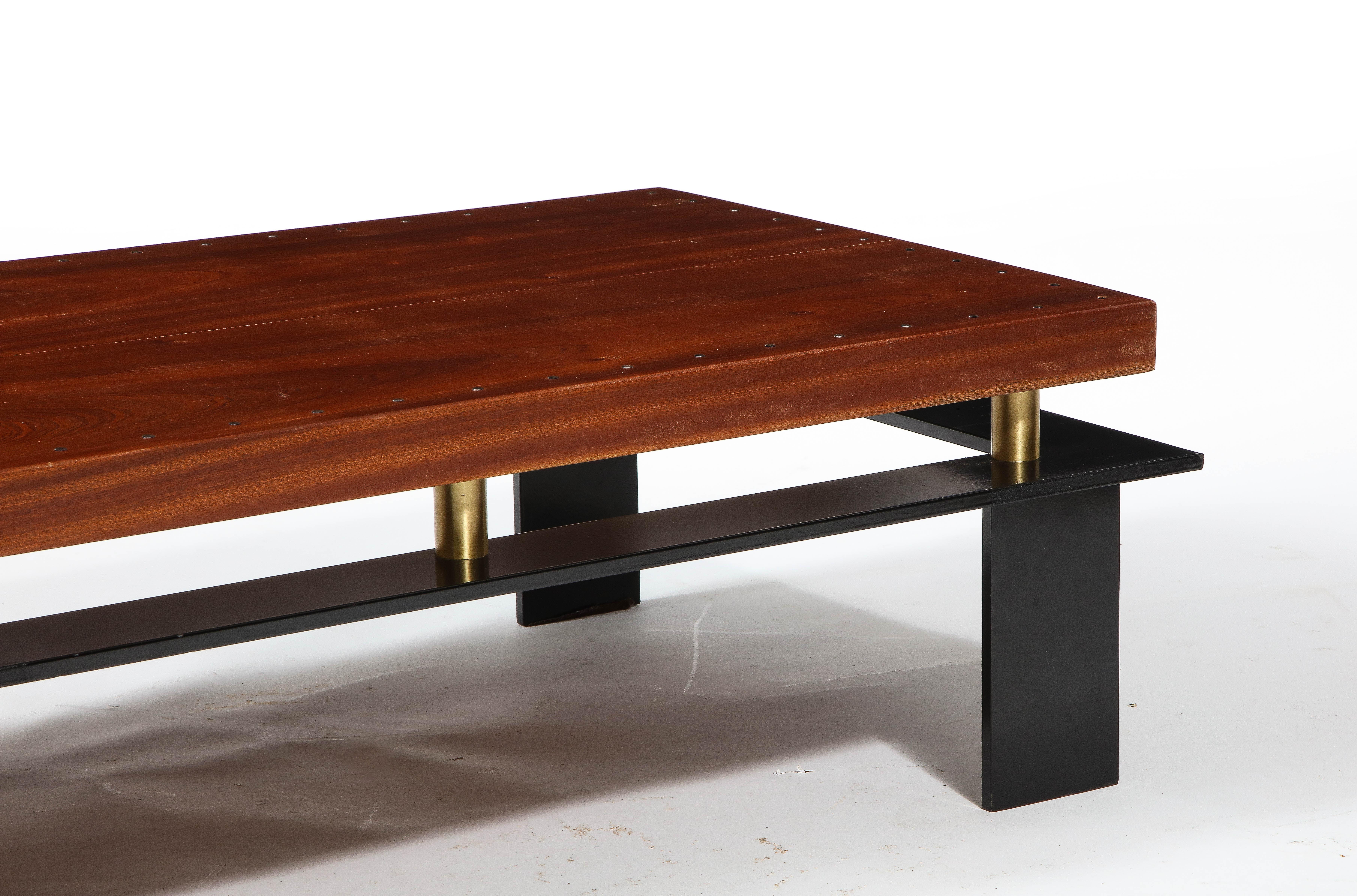 Large Long Low Modernist Steel & Walnut Coffee Table, France 1970's For Sale 2