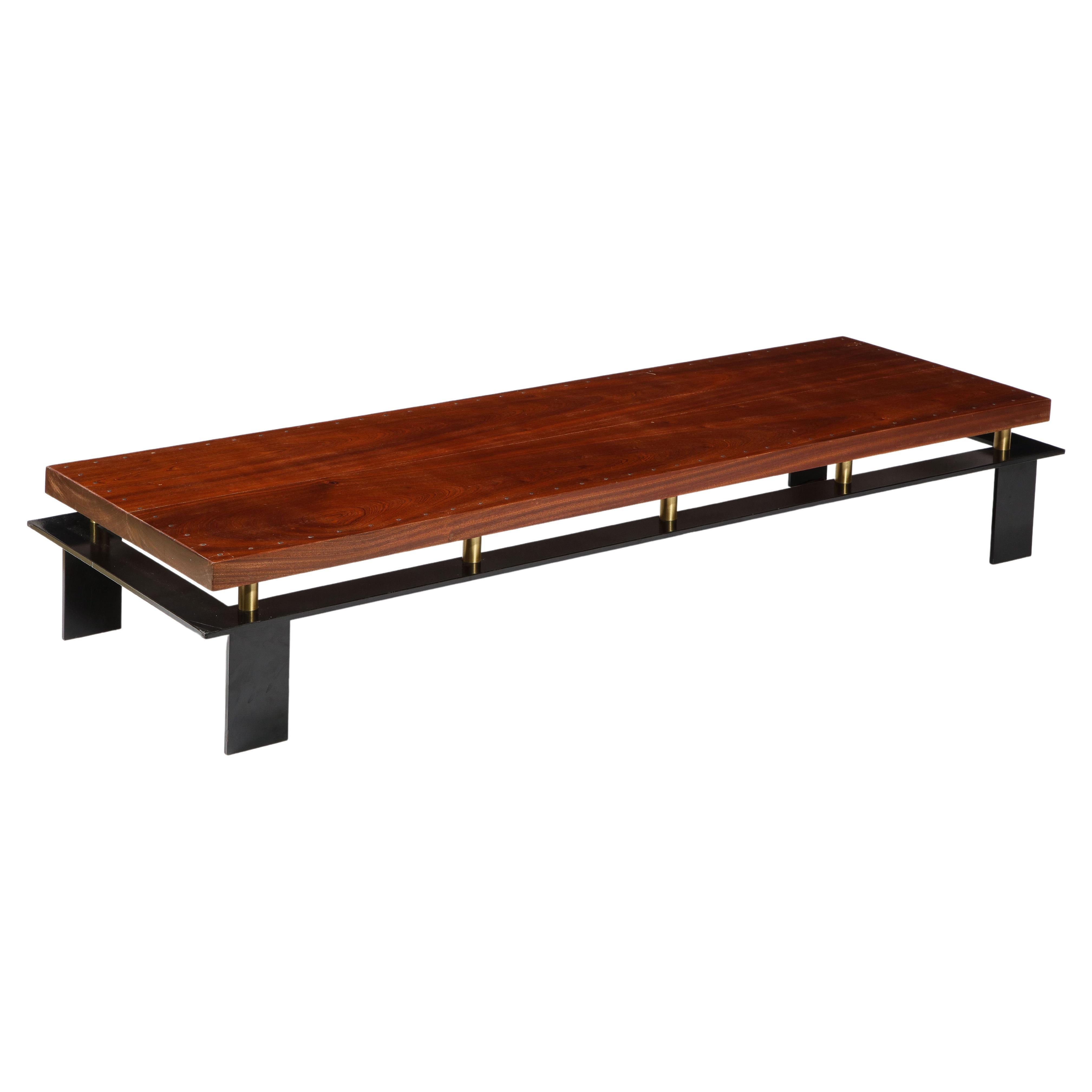 Large Long Low Modernist Steel & Walnut Coffee Table, France 1970's For Sale