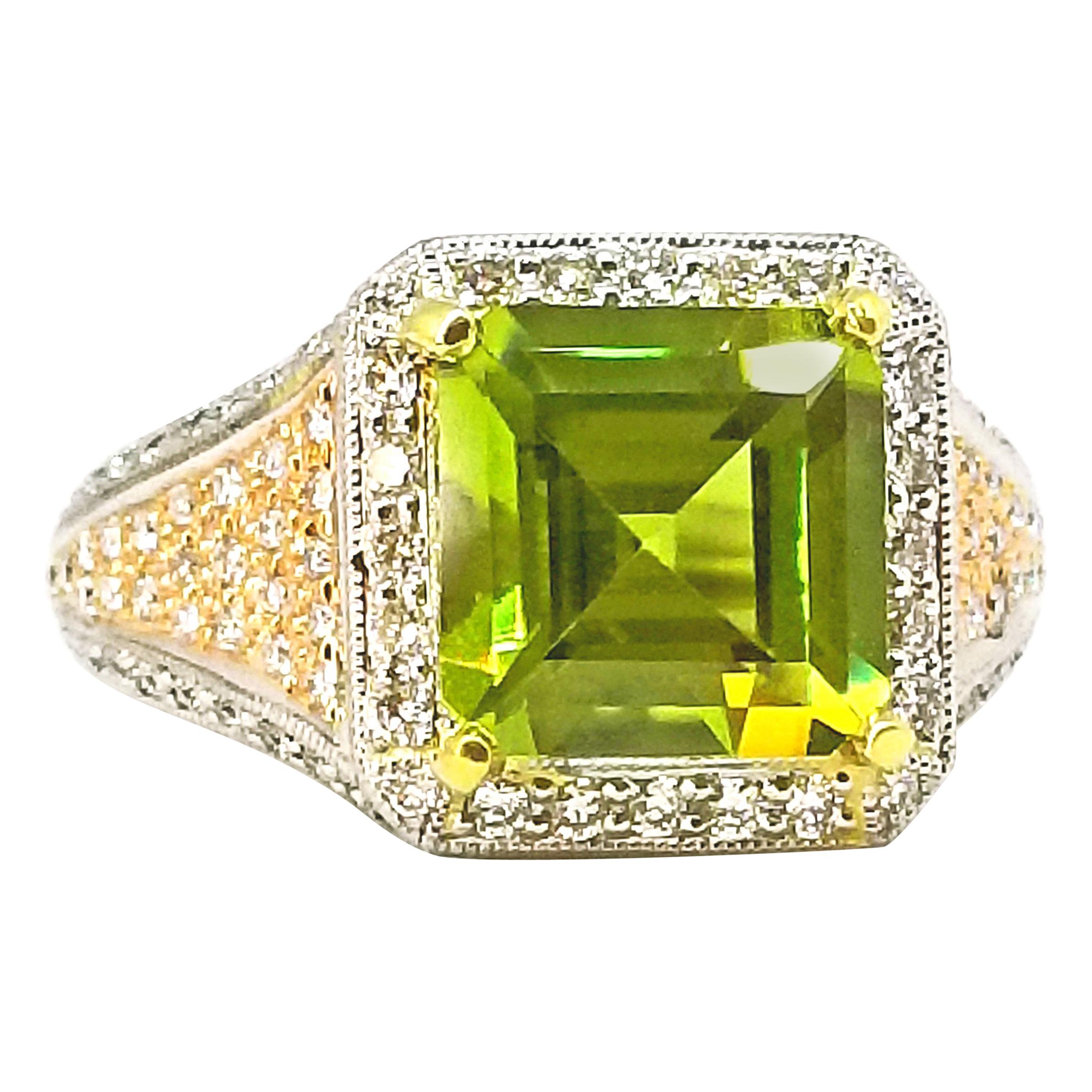 3.55Ct Step Cut Burmese Peridot Diamond Cocktail Ring Platinum 18K Rose Filigree