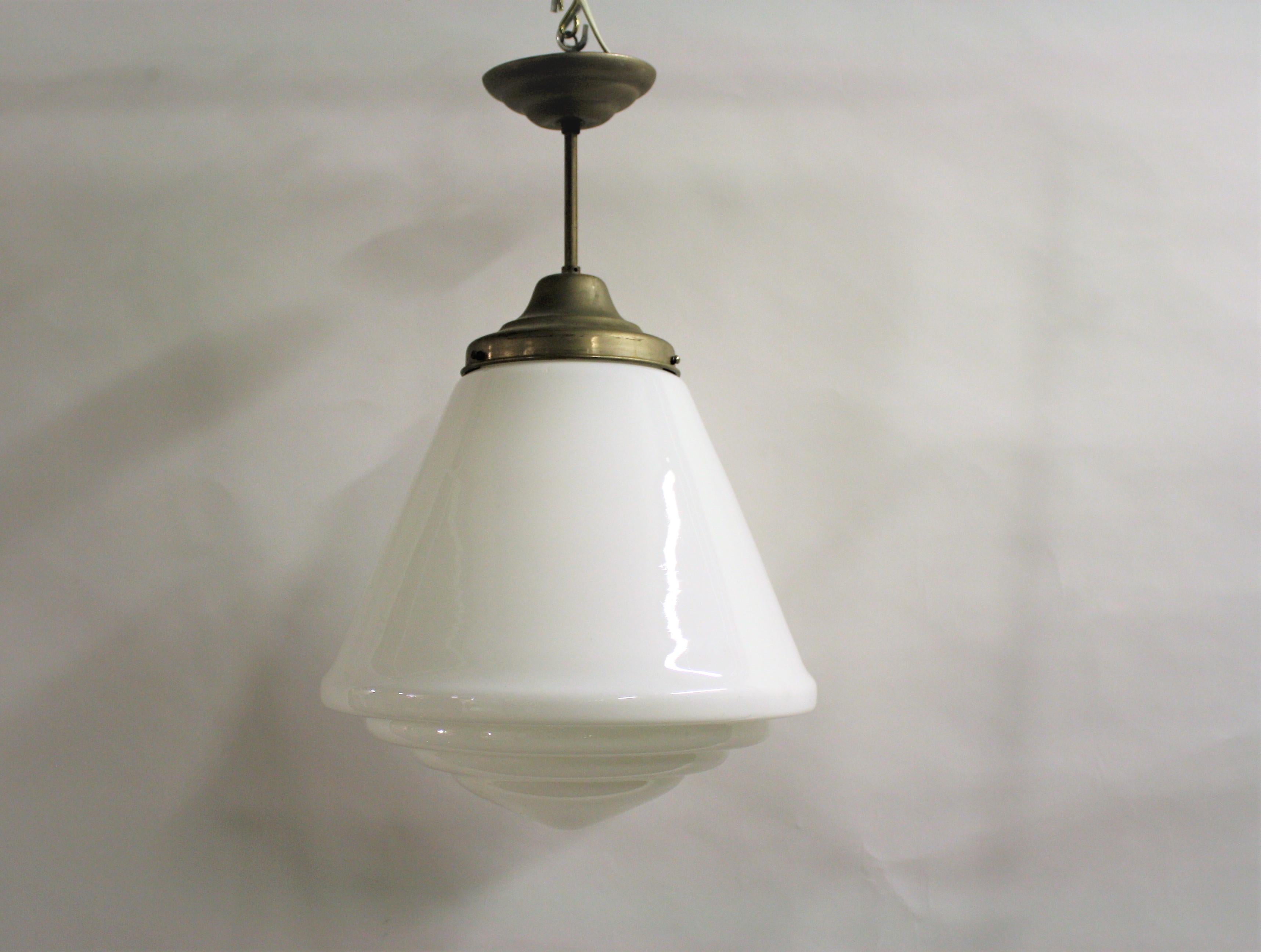 French Large Stepped Opaline Pendant Light, 1930s