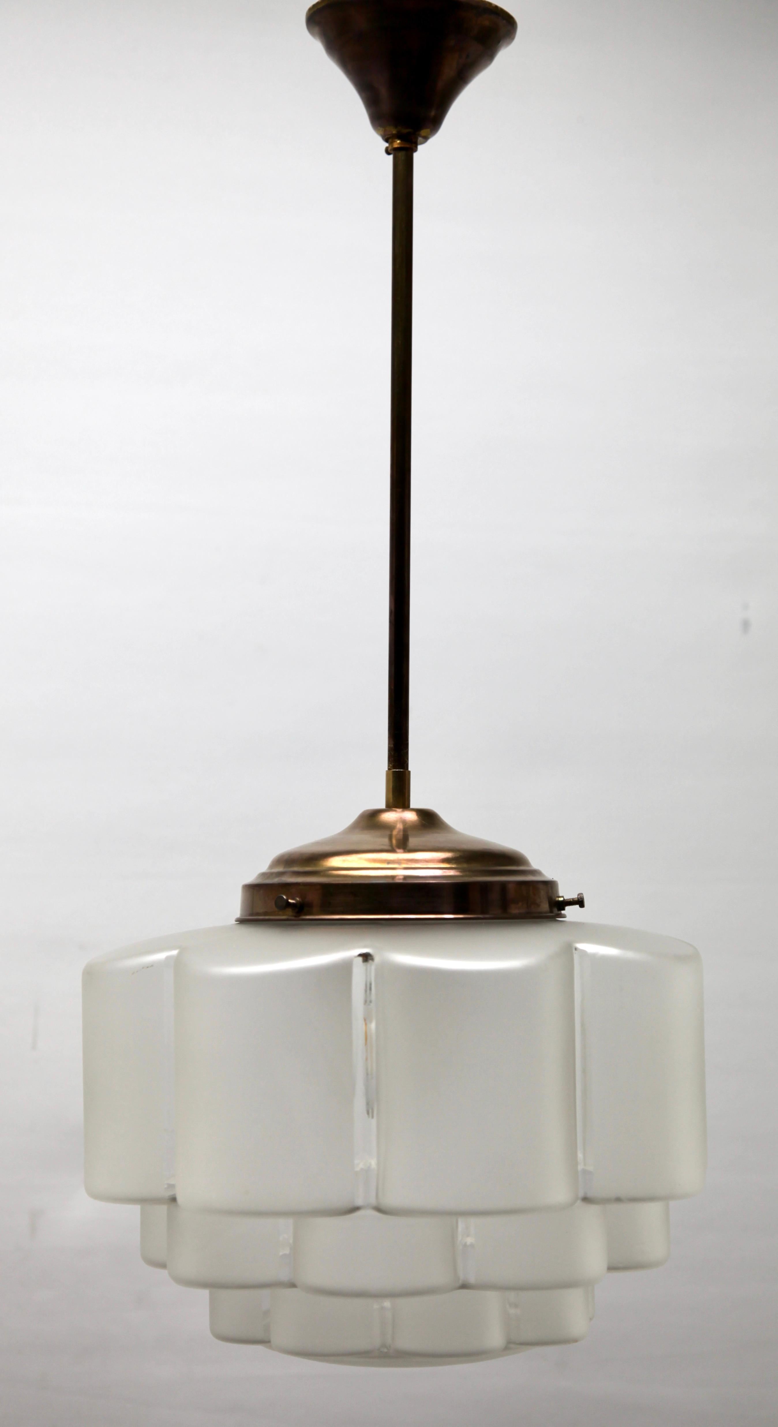Art Deco Large Stepped Satin Glass and Brass Fittings Pendant Light, 1930s
