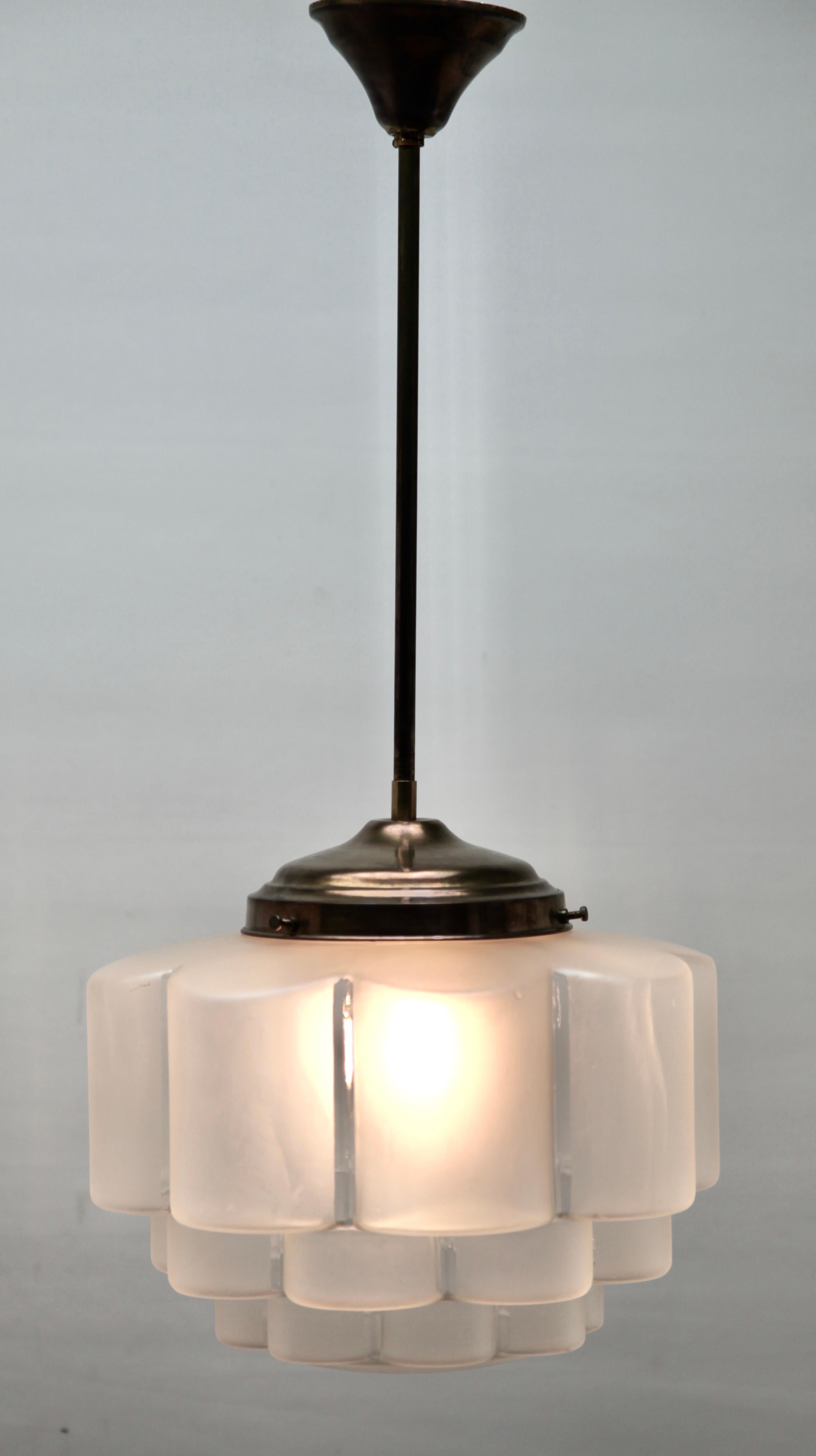 Belgian Large Stepped Satin Glass and Brass Fittings Pendant Light, 1930s