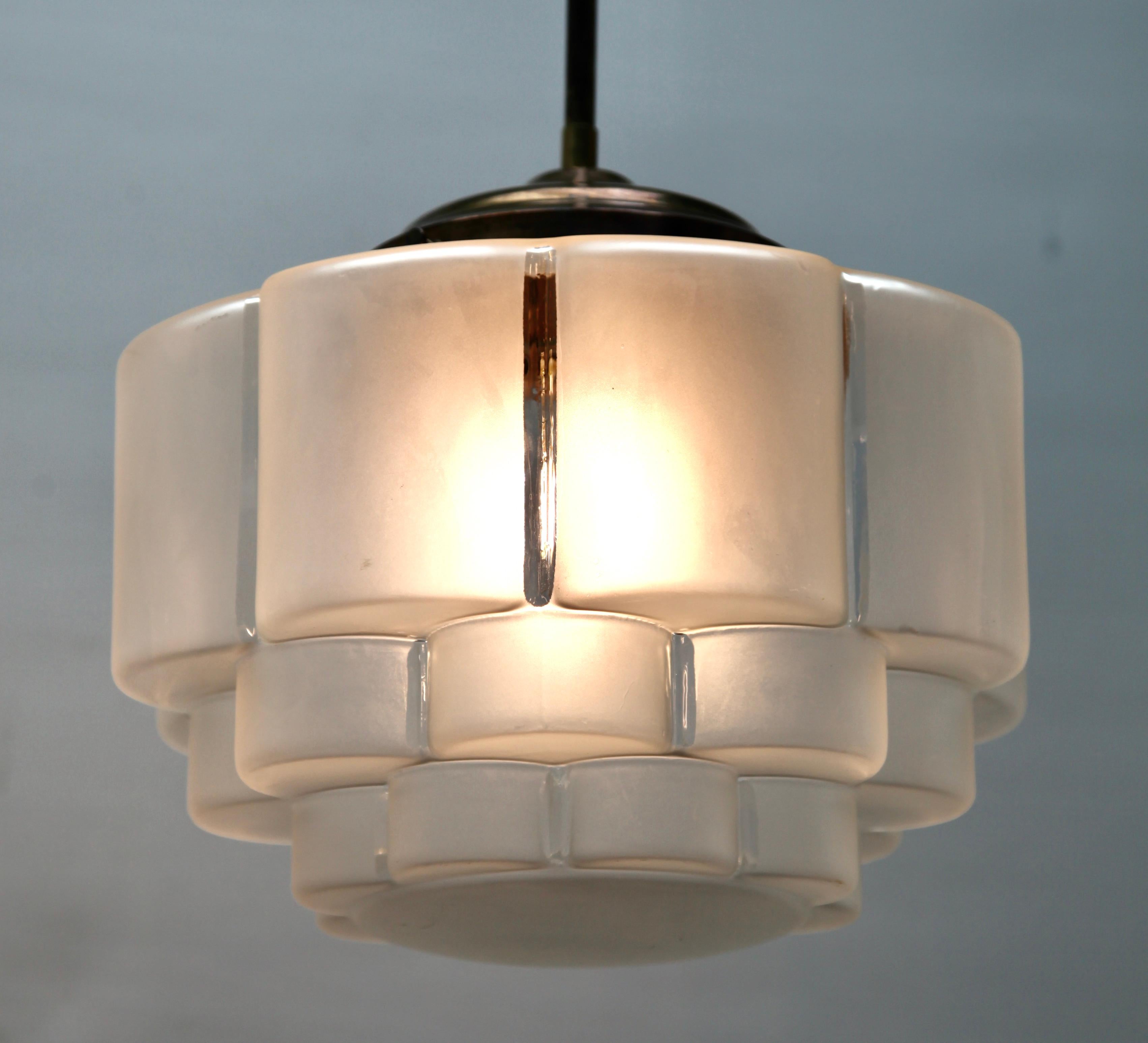 Hand-Crafted Large Stepped Satin Glass and Brass Fittings Pendant Light, 1930s