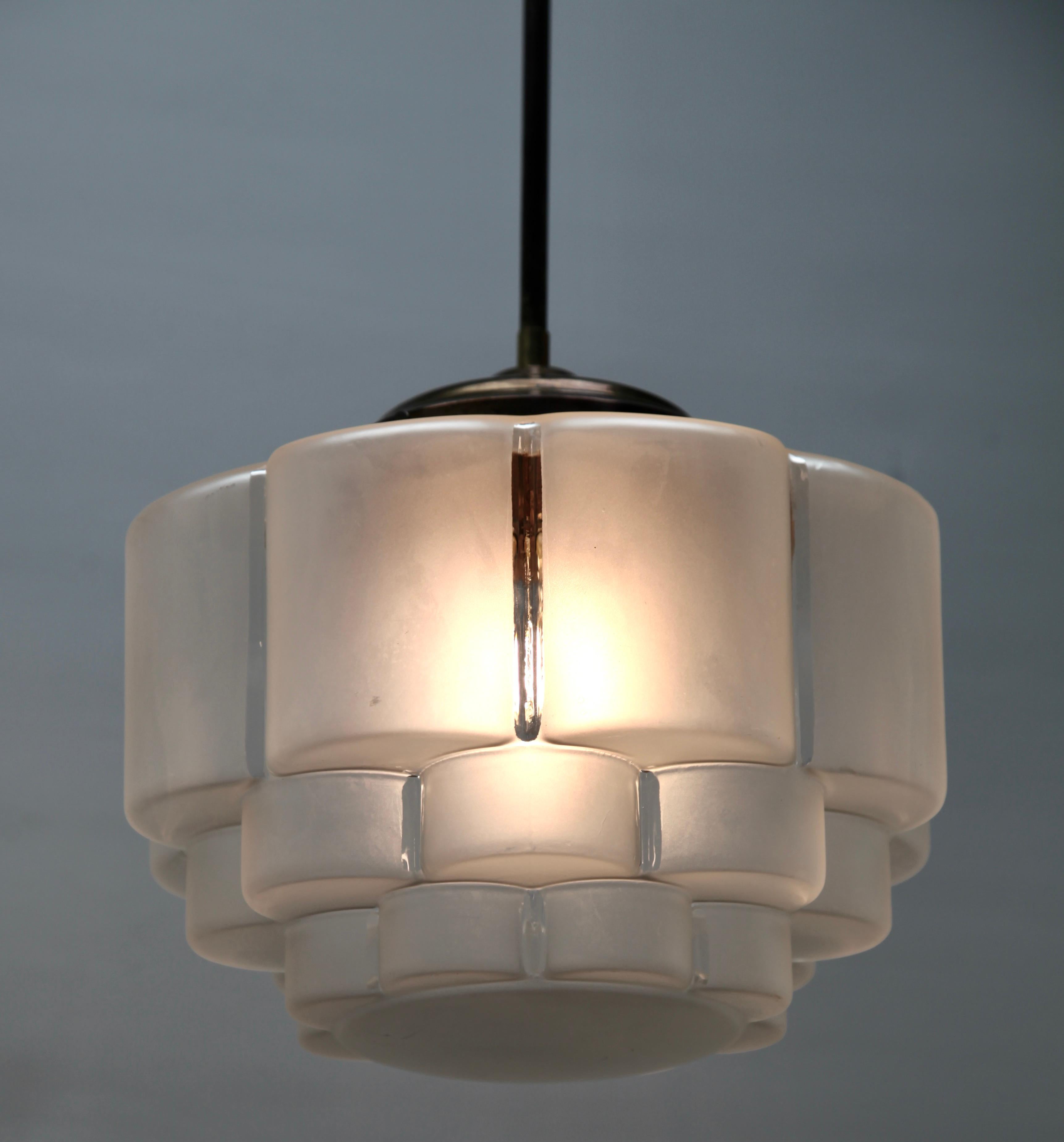 Large Stepped Satin Glass and Brass Fittings Pendant Light, 1930s In Good Condition In Verviers, BE