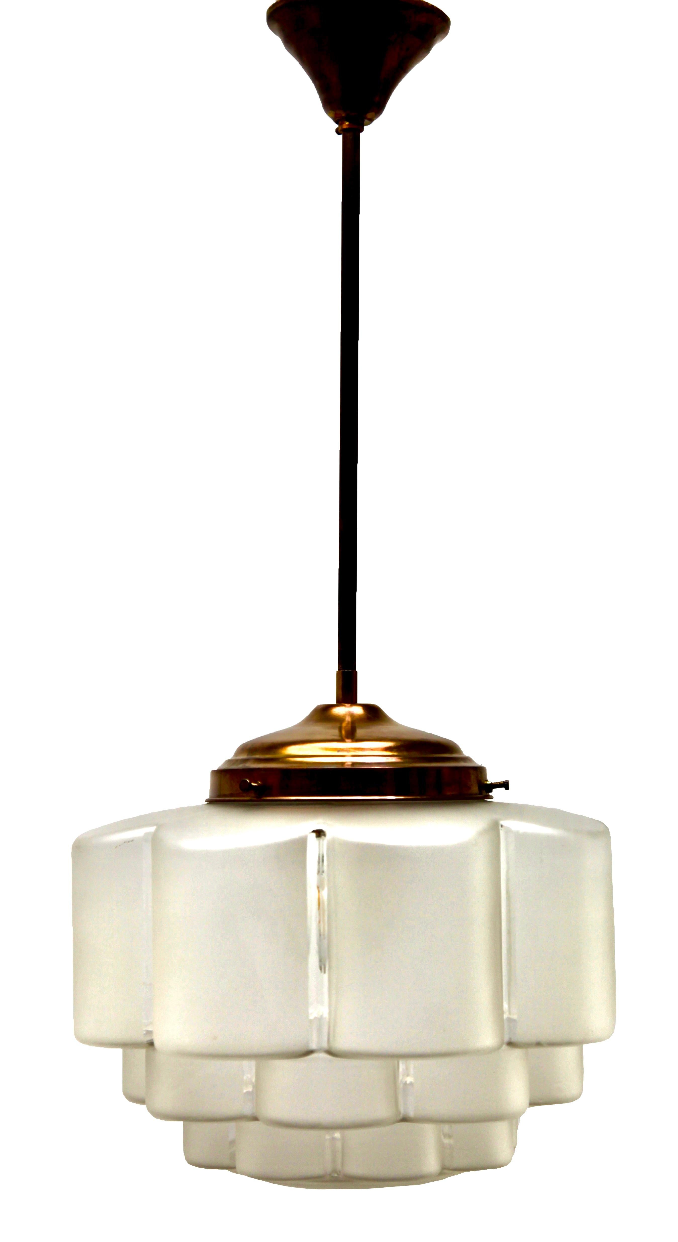 Mid-20th Century Large Stepped Satin Glass and Brass Fittings Pendant Light, 1930s