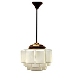 Large Stepped Satin Glass and Brass Fittings Pendant Light, 1930s